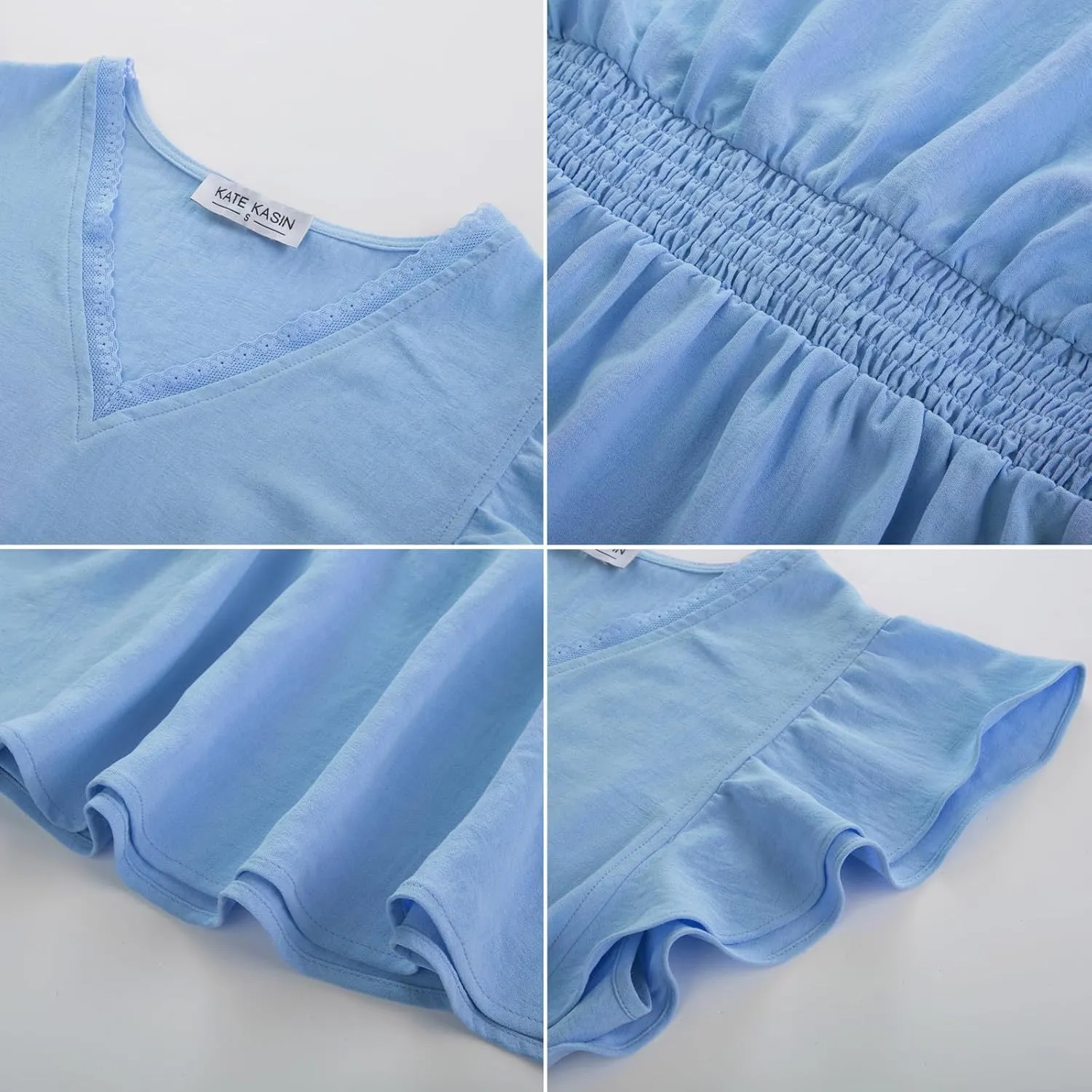 Kate Kasin Womens Summer Tops Dressy Casual V Neck Blouses Ruffled Elastic Waist Flowy Work Tummy Control Peplum Tops