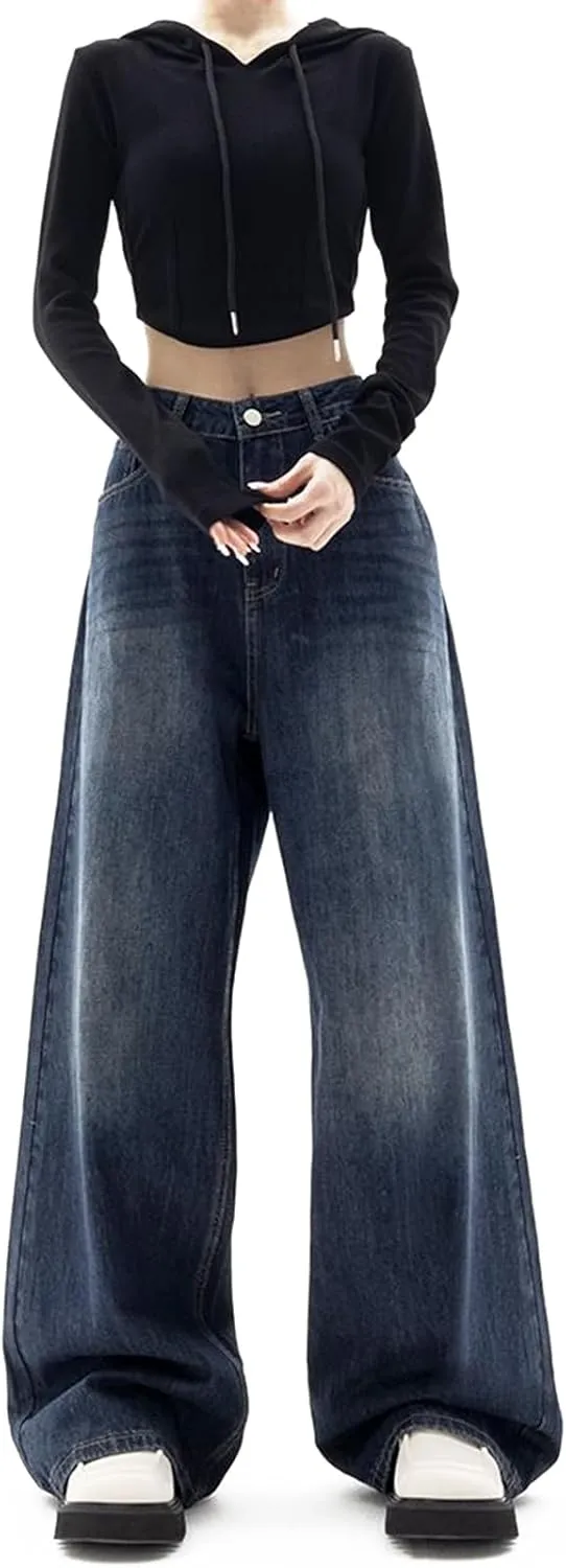 LONGBIDA Wide Leg Jeans for Women High Waisted Baggy Straight Leg Y2k Raw Hem Denim Pants for Women 2024