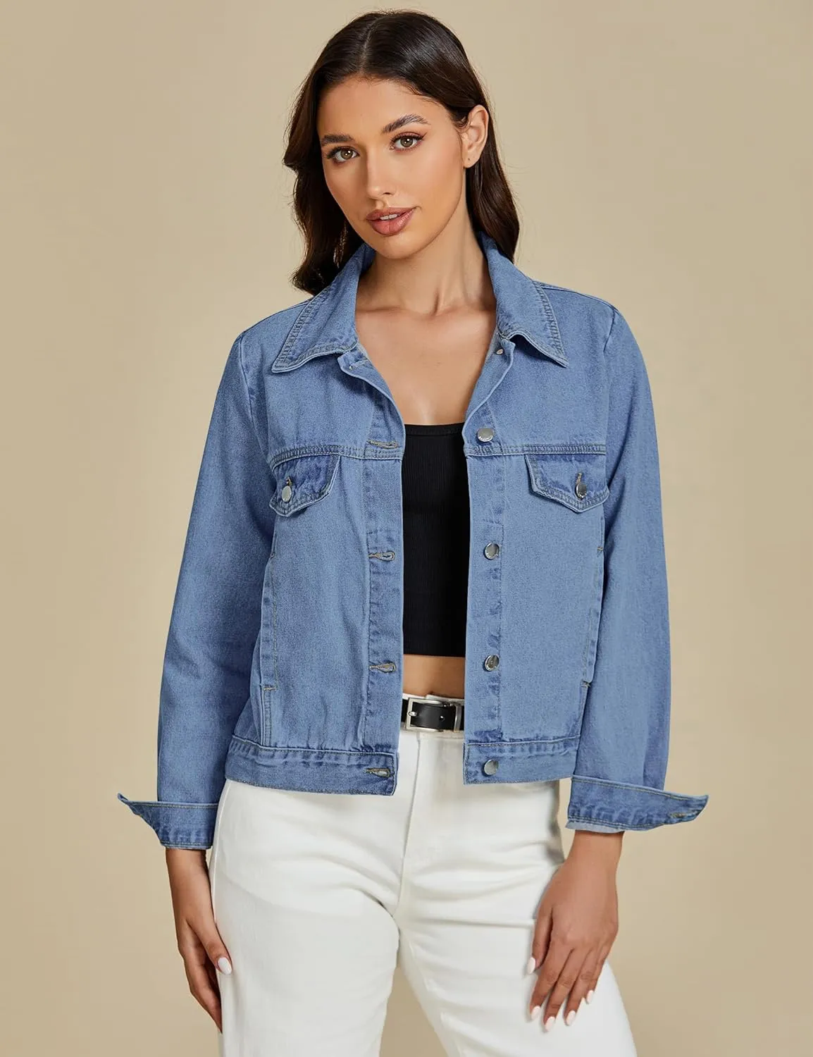 luvamia Denim Jackets for Women Trendy Casual Button Down Relaxed Fit Western Trucker Distressed Jean Jacket with Pocket