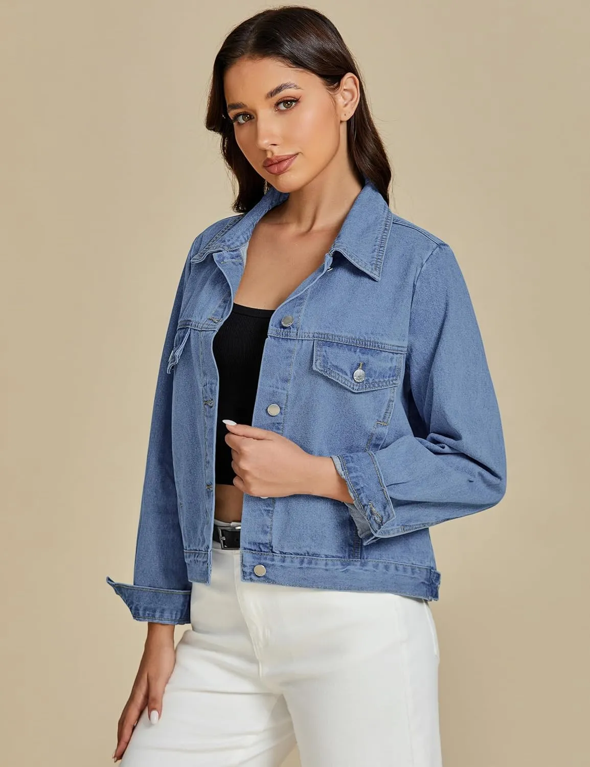 luvamia Denim Jackets for Women Trendy Casual Button Down Relaxed Fit Western Trucker Distressed Jean Jacket with Pocket