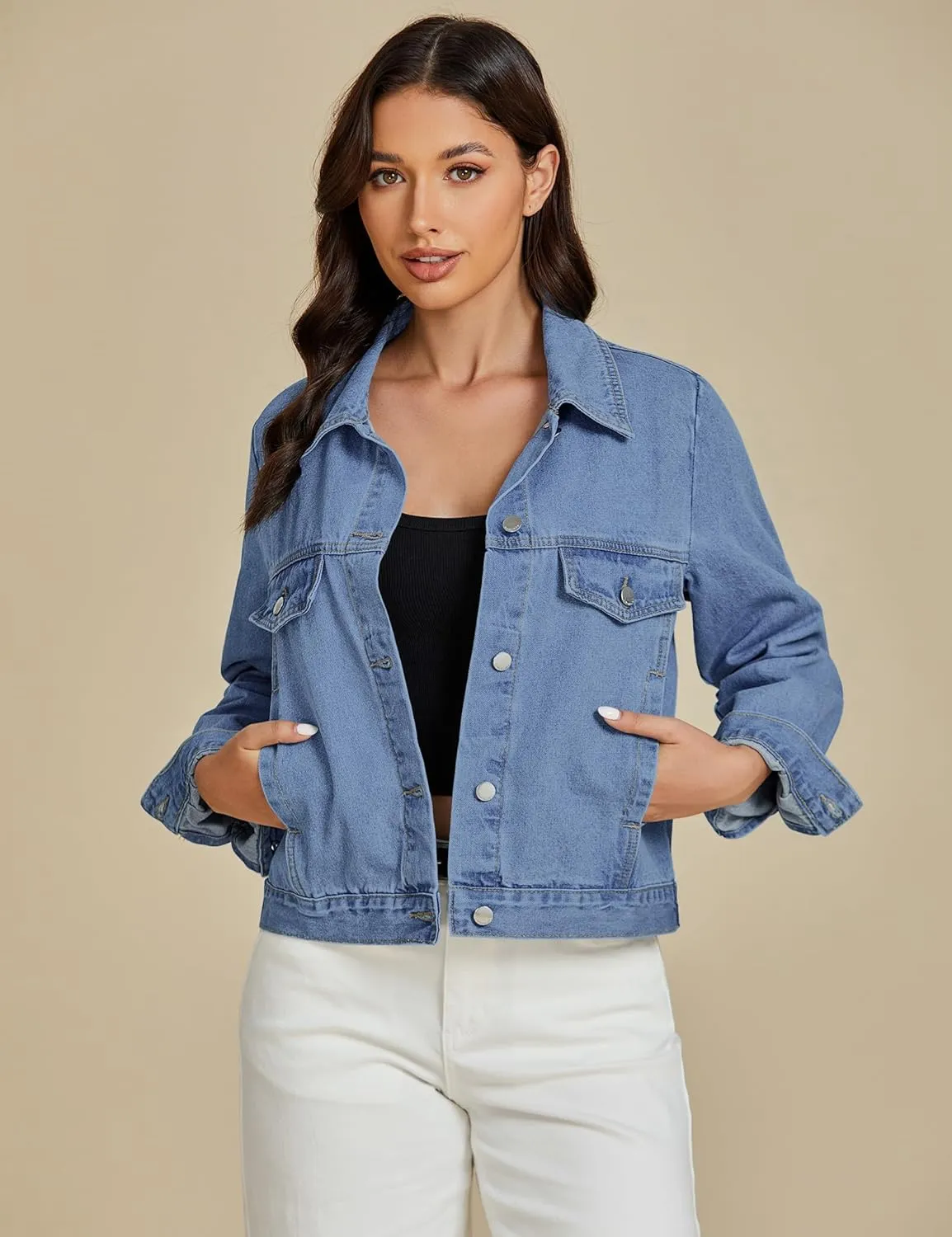 luvamia Denim Jackets for Women Trendy Casual Button Down Relaxed Fit Western Trucker Distressed Jean Jacket with Pocket