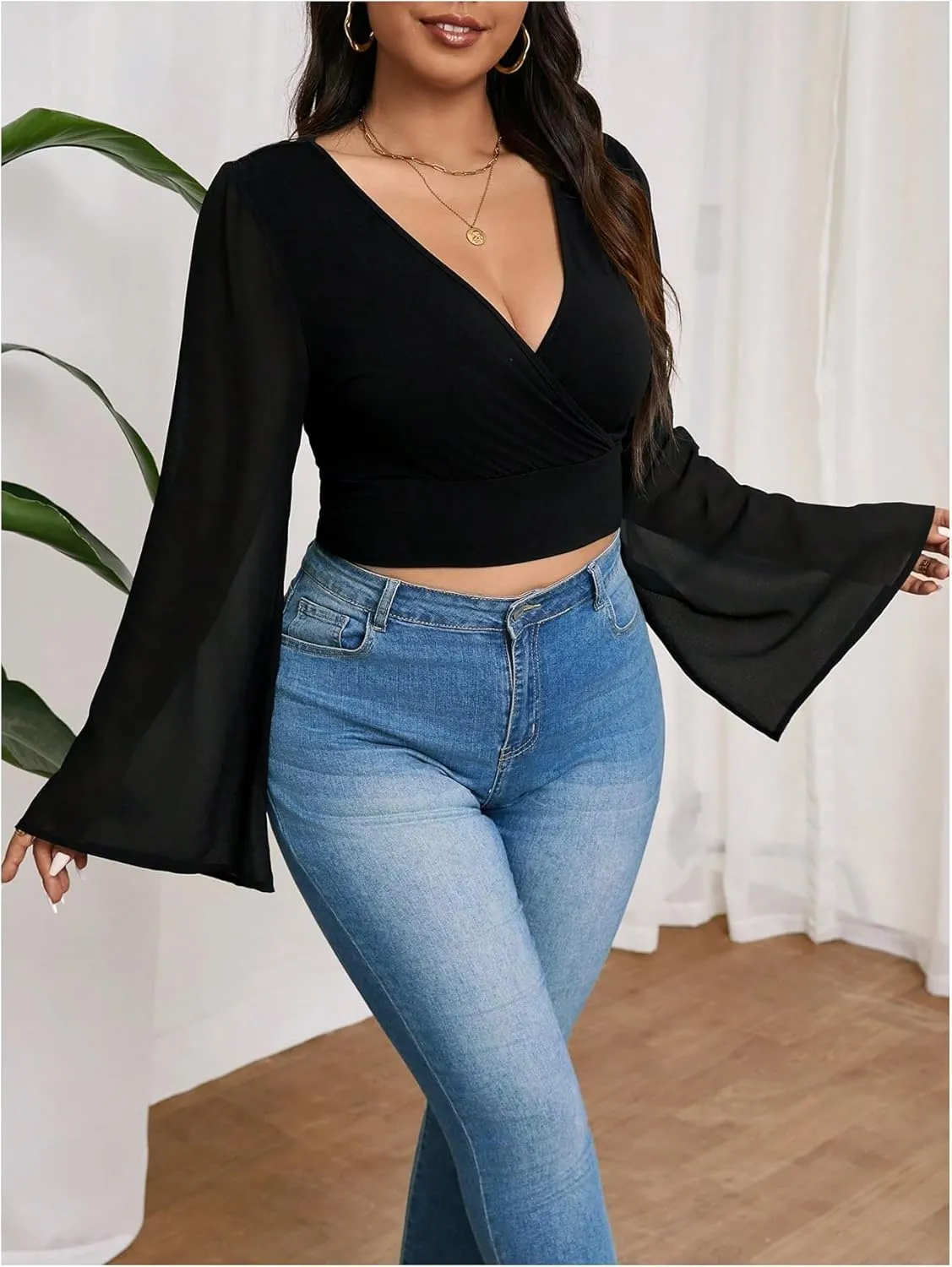 MakeMeChic Women's Plus Size Bell Sleeve Tee Shirt Deep V Neck Wrap Front Crop Tops