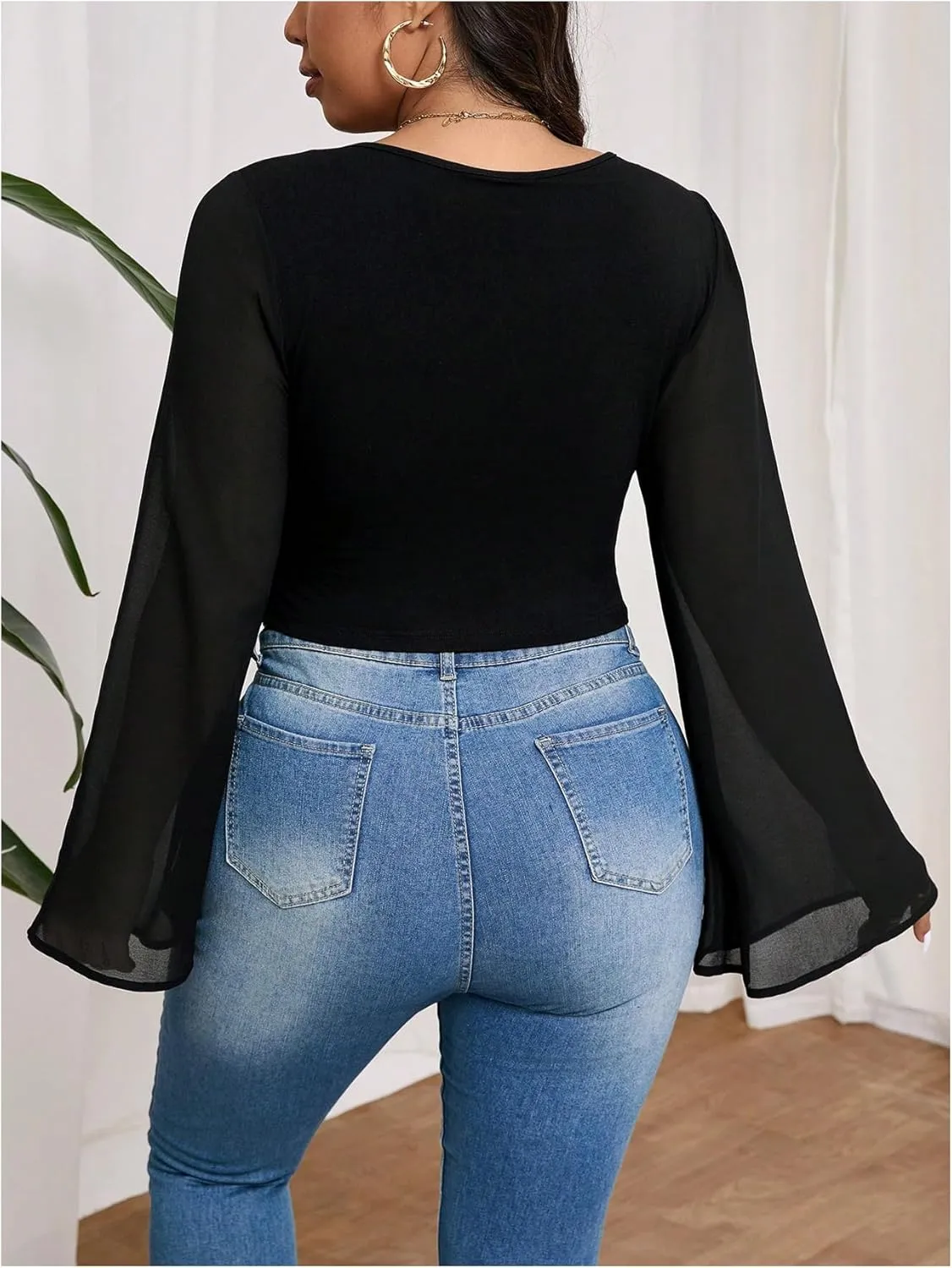 MakeMeChic Women's Plus Size Bell Sleeve Tee Shirt Deep V Neck Wrap Front Crop Tops