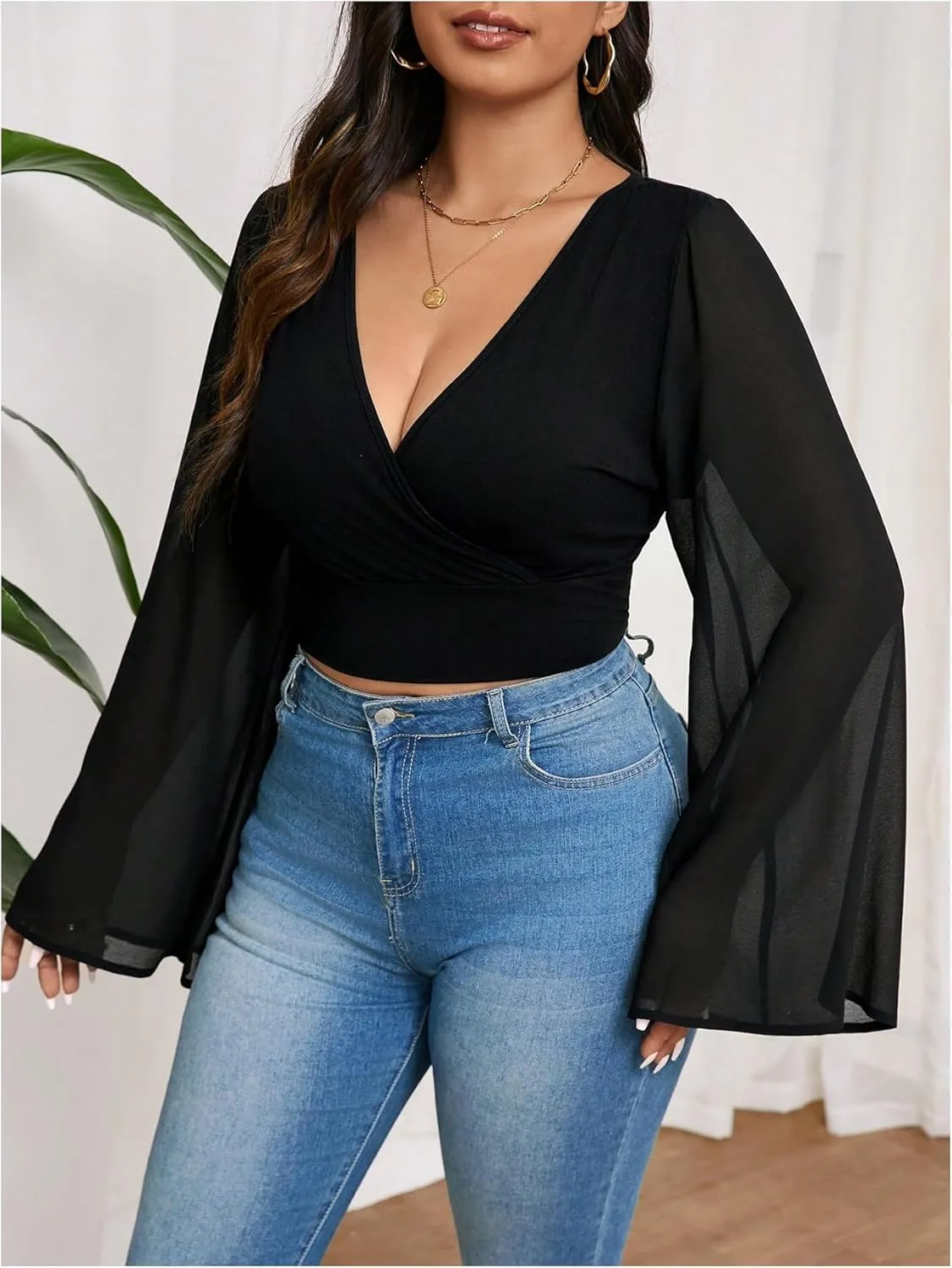 MakeMeChic Women's Plus Size Bell Sleeve Tee Shirt Deep V Neck Wrap Front Crop Tops