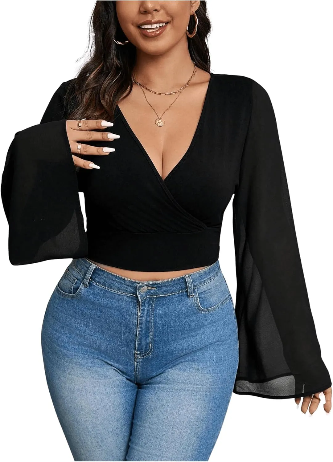 MakeMeChic Women's Plus Size Bell Sleeve Tee Shirt Deep V Neck Wrap Front Crop Tops