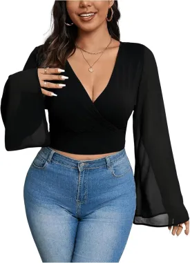 MakeMeChic Women's Plus Size Bell Sleeve Tee Shirt Deep V Neck Wrap Front Crop Tops