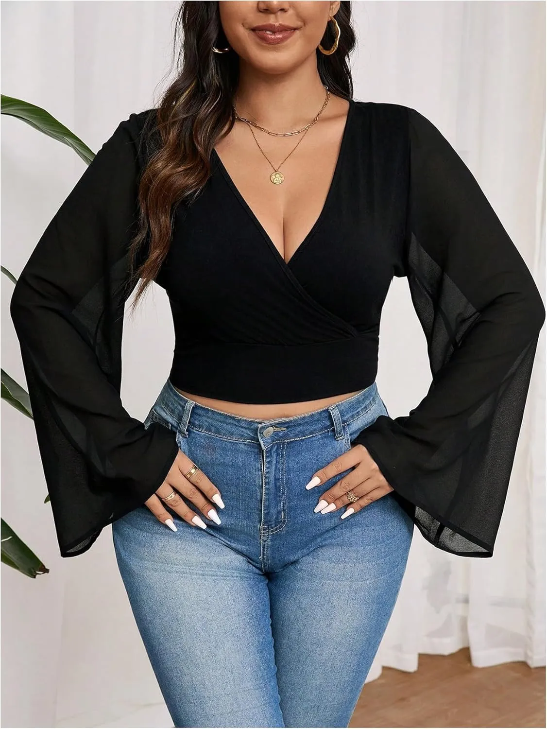 MakeMeChic Women's Plus Size Bell Sleeve Tee Shirt Deep V Neck Wrap Front Crop Tops