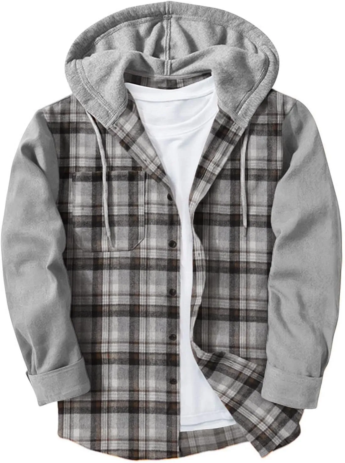 Men's Flannel Plaid Button Shirt Jackets with Hood, Casual Raglan Sleeve Checkered Hoody Shirts Fall Tops with Pocket