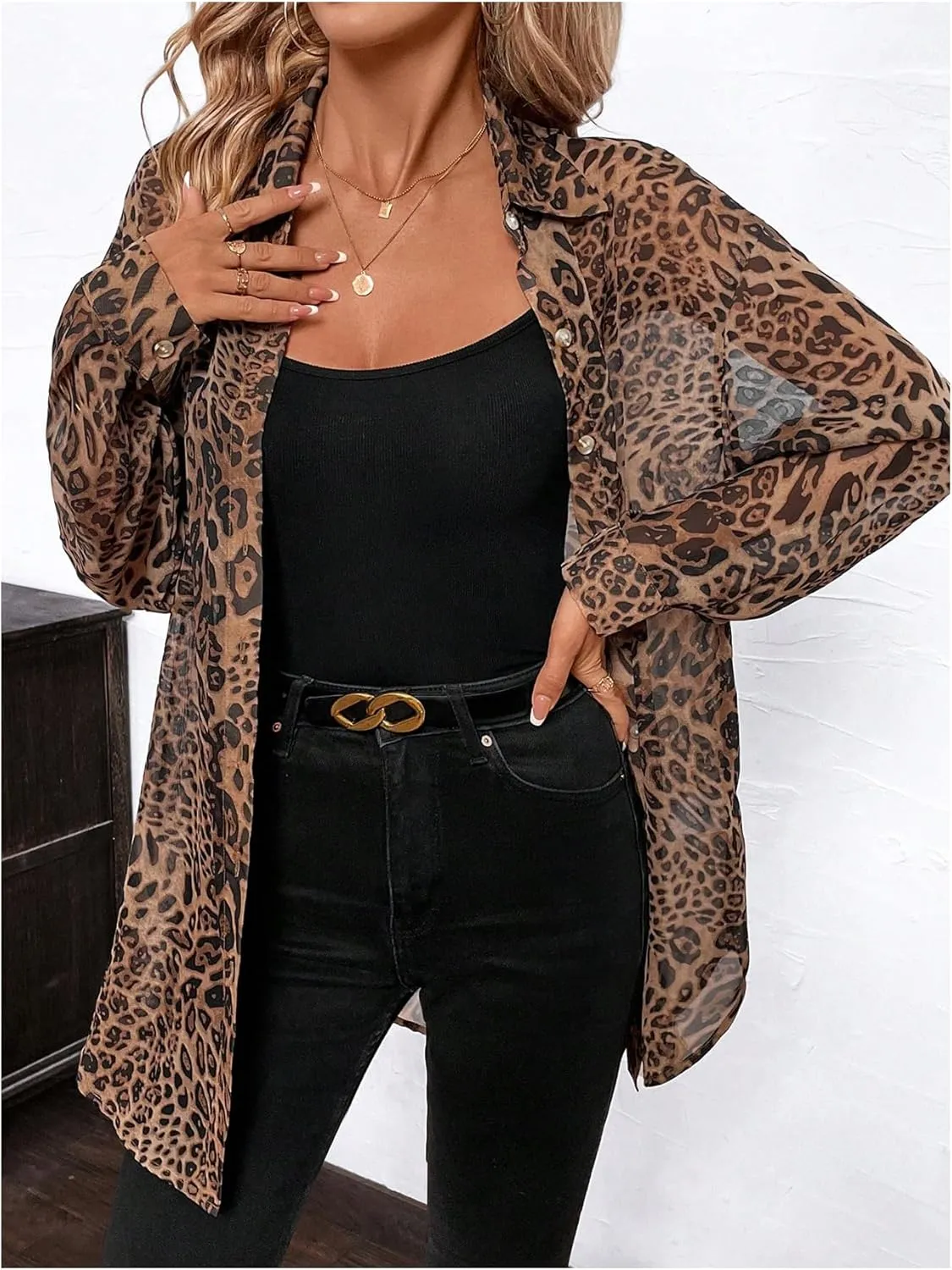 Milumia Women's Leopard Cheetah Sheer Mesh Button Down Shirt Long Sleeve Drop Shoulder Blouse Top
