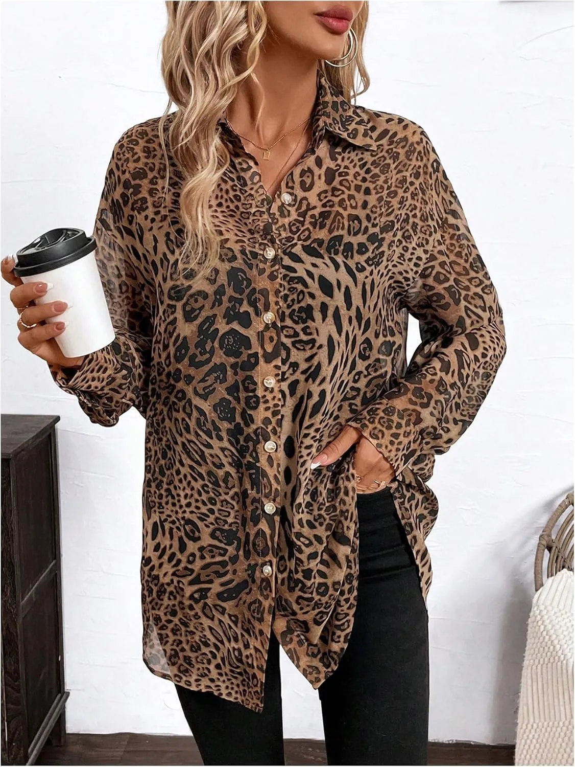 Milumia Women's Leopard Cheetah Sheer Mesh Button Down Shirt Long Sleeve Drop Shoulder Blouse Top