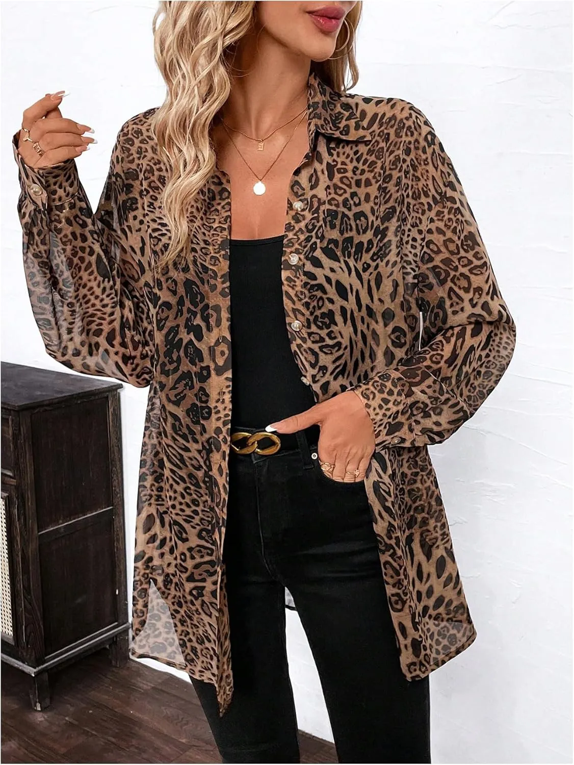 Milumia Women's Leopard Cheetah Sheer Mesh Button Down Shirt Long Sleeve Drop Shoulder Blouse Top