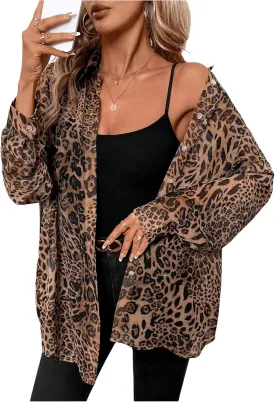 Milumia Women's Leopard Cheetah Sheer Mesh Button Down Shirt Long Sleeve Drop Shoulder Blouse Top