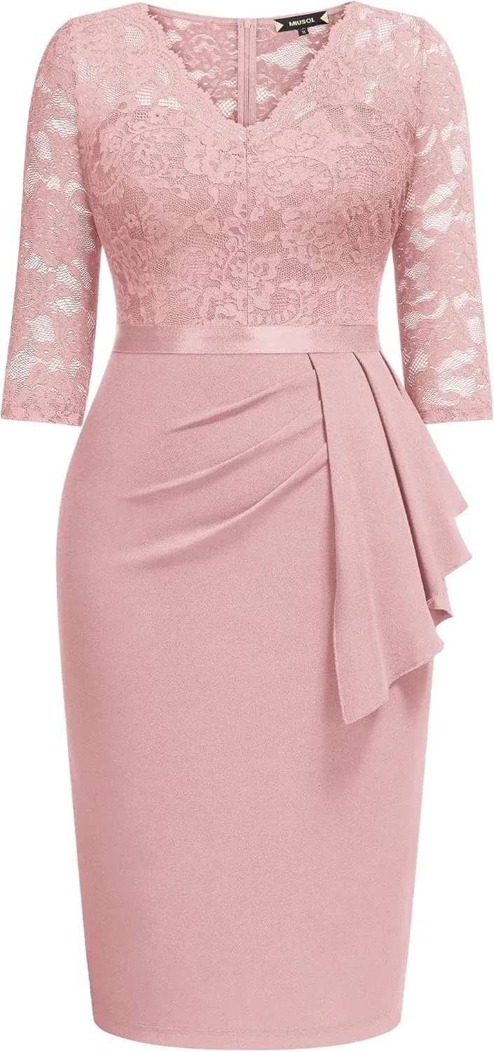 Miusol Women's Plus Size Retro Floral Lace Ruffle V Neck Party Cocktail Dress