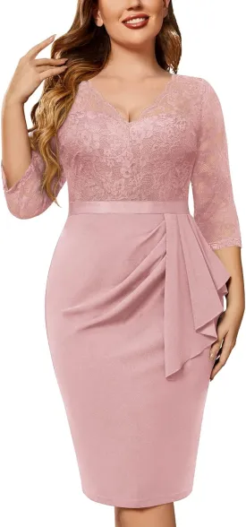 Miusol Women's Plus Size Retro Floral Lace Ruffle V Neck Party Cocktail Dress