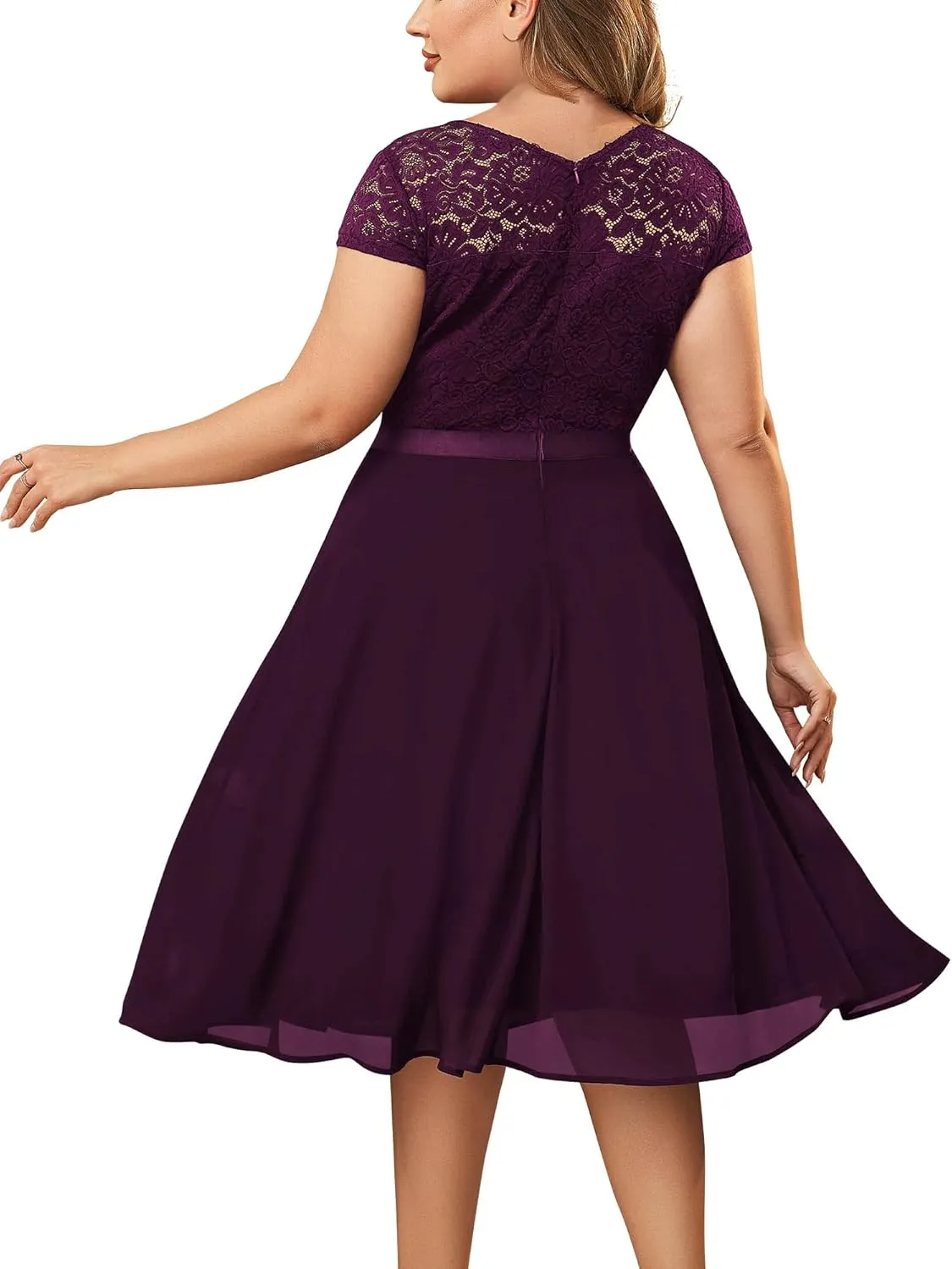 Miusol Women's Plus Size Ruffle Floral Lace Contrast Chiffon Formal Bridesmaid Party A-Line Cocktail Dress