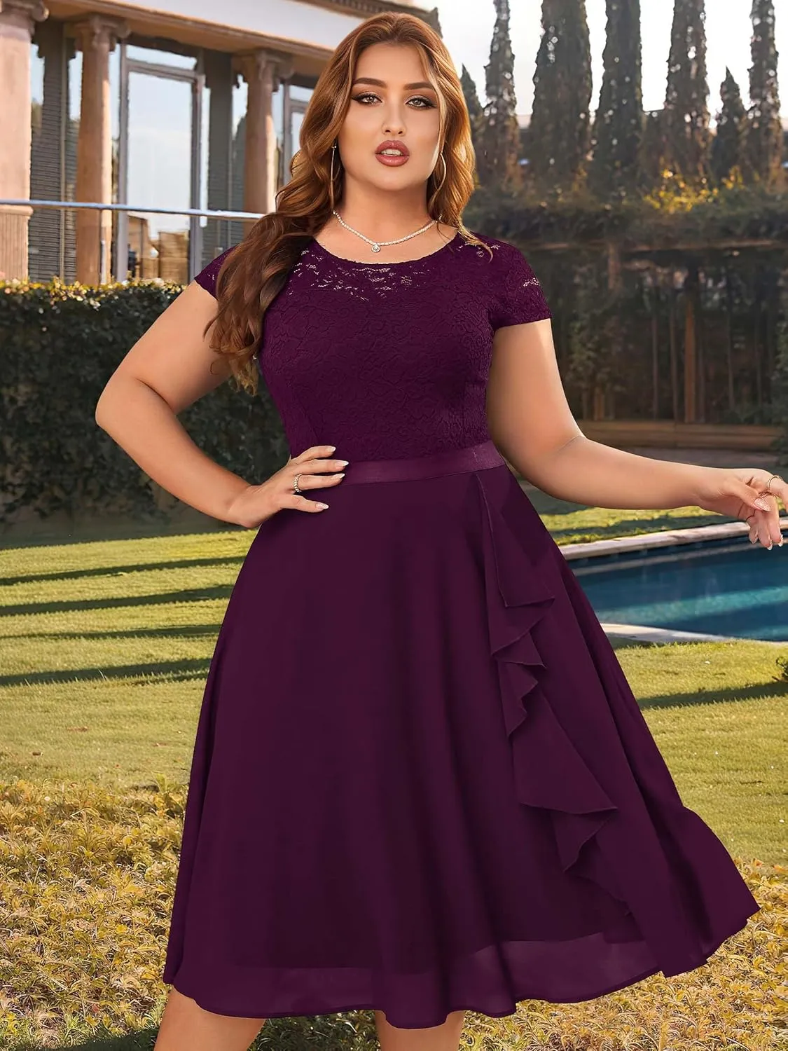 Miusol Women's Plus Size Ruffle Floral Lace Contrast Chiffon Formal Bridesmaid Party A-Line Cocktail Dress
