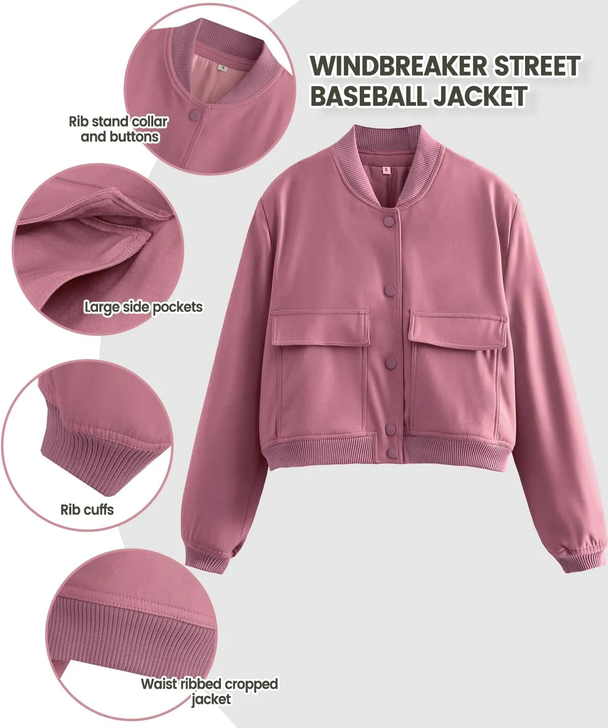 Modegal Women's Spring Varsity Bomber Jackets Long Sleeve Cropped Button Down Casual Coat with Pockets Outwear