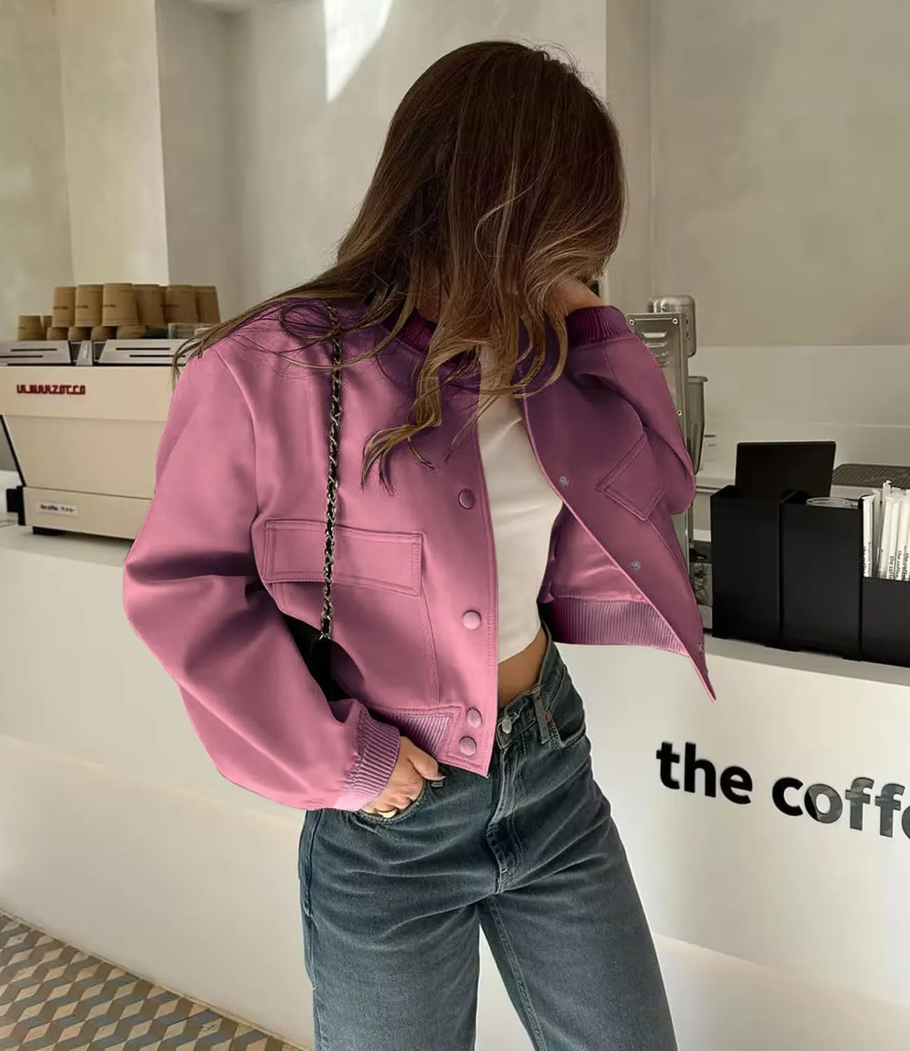 Modegal Women's Spring Varsity Bomber Jackets Long Sleeve Cropped Button Down Casual Coat with Pockets Outwear