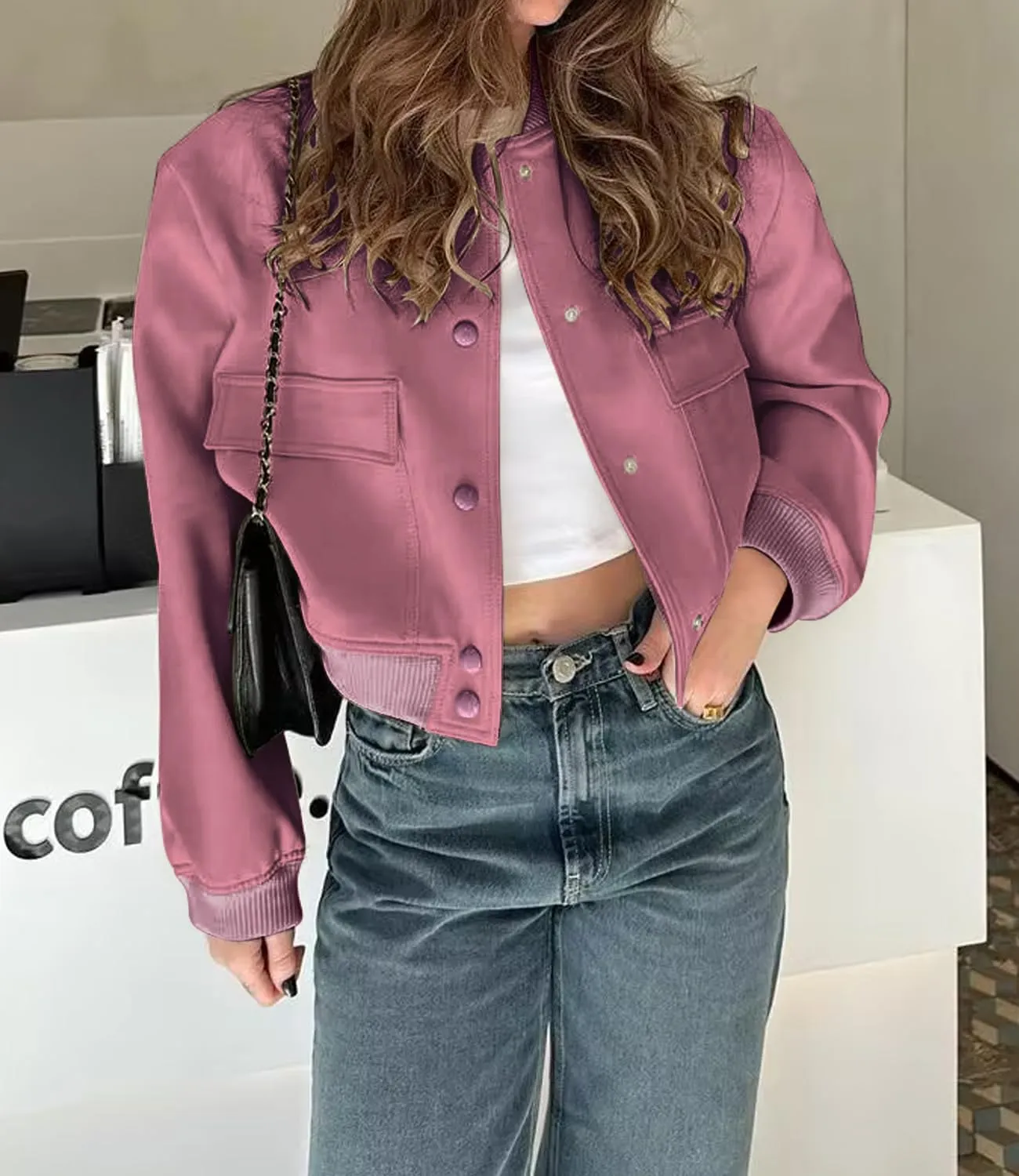 Modegal Women's Spring Varsity Bomber Jackets Long Sleeve Cropped Button Down Casual Coat with Pockets Outwear