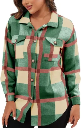 Nimsruc Flannel Shacket Women Fall Jackets Plaid Button Down Shirts