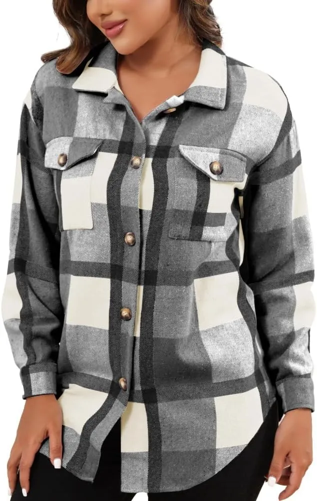 Nimsruc Flannel Shacket Women Fall Jackets Plaid Button Down Shirts