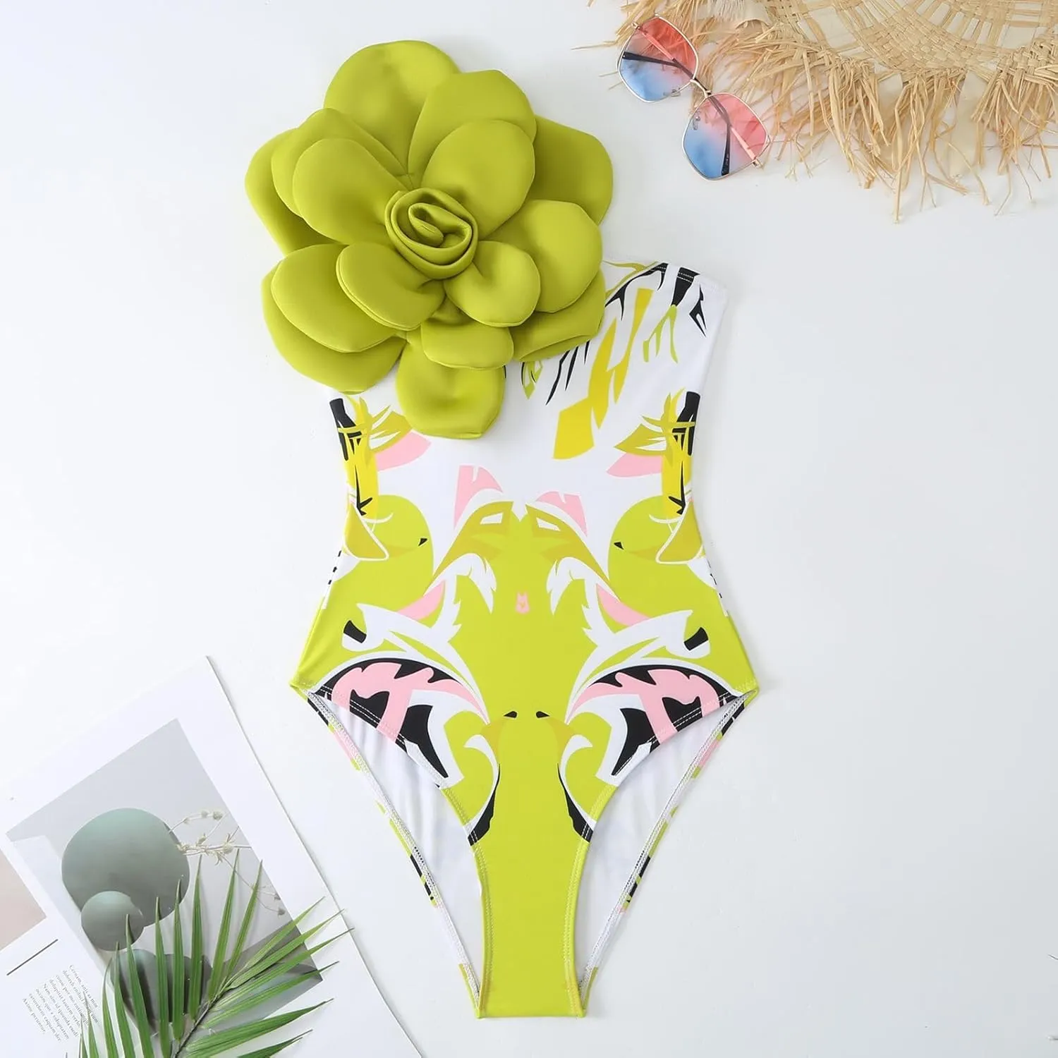 One Shoulder Swimsuits for Women 3D Flower Decoration One Piece Swimsuit with Cover up Set