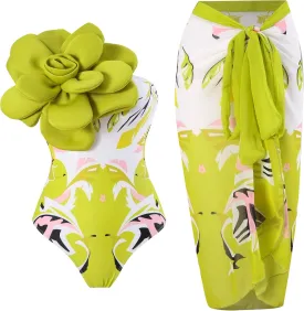 One Shoulder Swimsuits for Women 3D Flower Decoration One Piece Swimsuit with Cover up Set