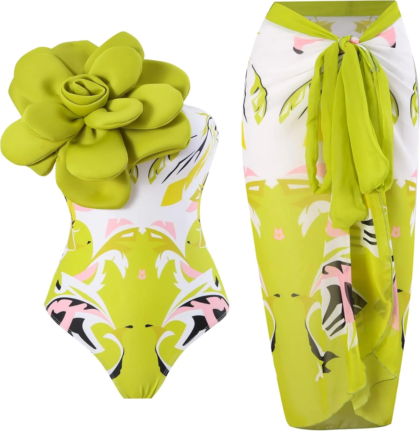 One Shoulder Swimsuits for Women 3D Flower Decoration One Piece Swimsuit with Cover up Set