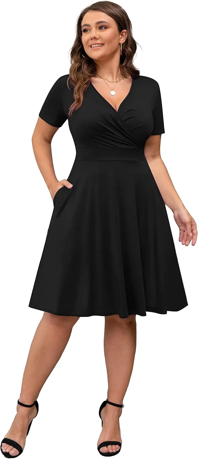 POSESHE Womens Plus Size Dresses Summer Short Sleeve Wrap V-Neck Sundress Casual Wedding Guest Cocktail Dress with Pockets