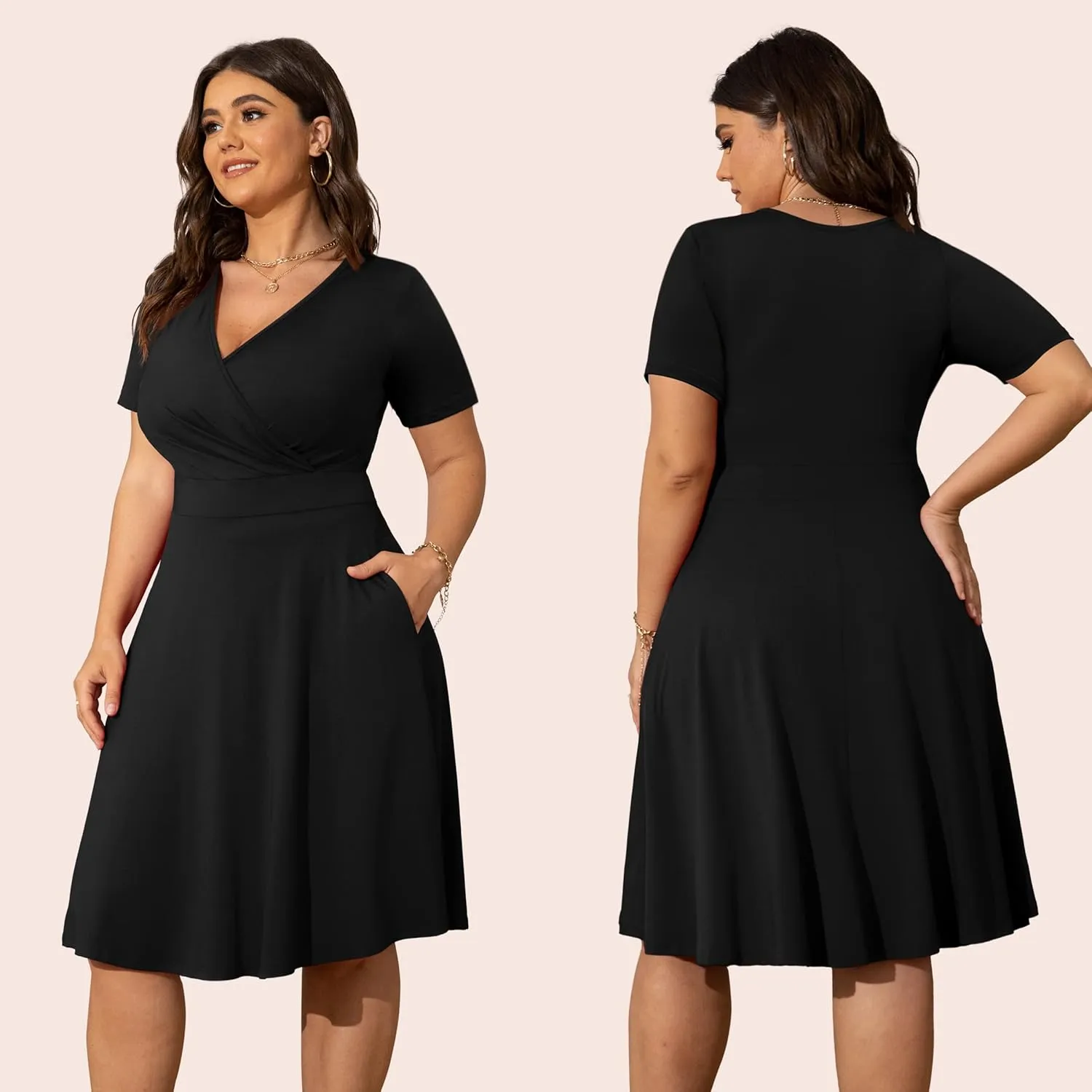 POSESHE Womens Plus Size Dresses Summer Short Sleeve Wrap V-Neck Sundress Casual Wedding Guest Cocktail Dress with Pockets