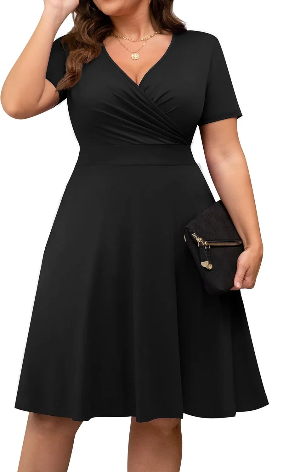 POSESHE Womens Plus Size Dresses Summer Short Sleeve Wrap V-Neck Sundress Casual Wedding Guest Cocktail Dress with Pockets