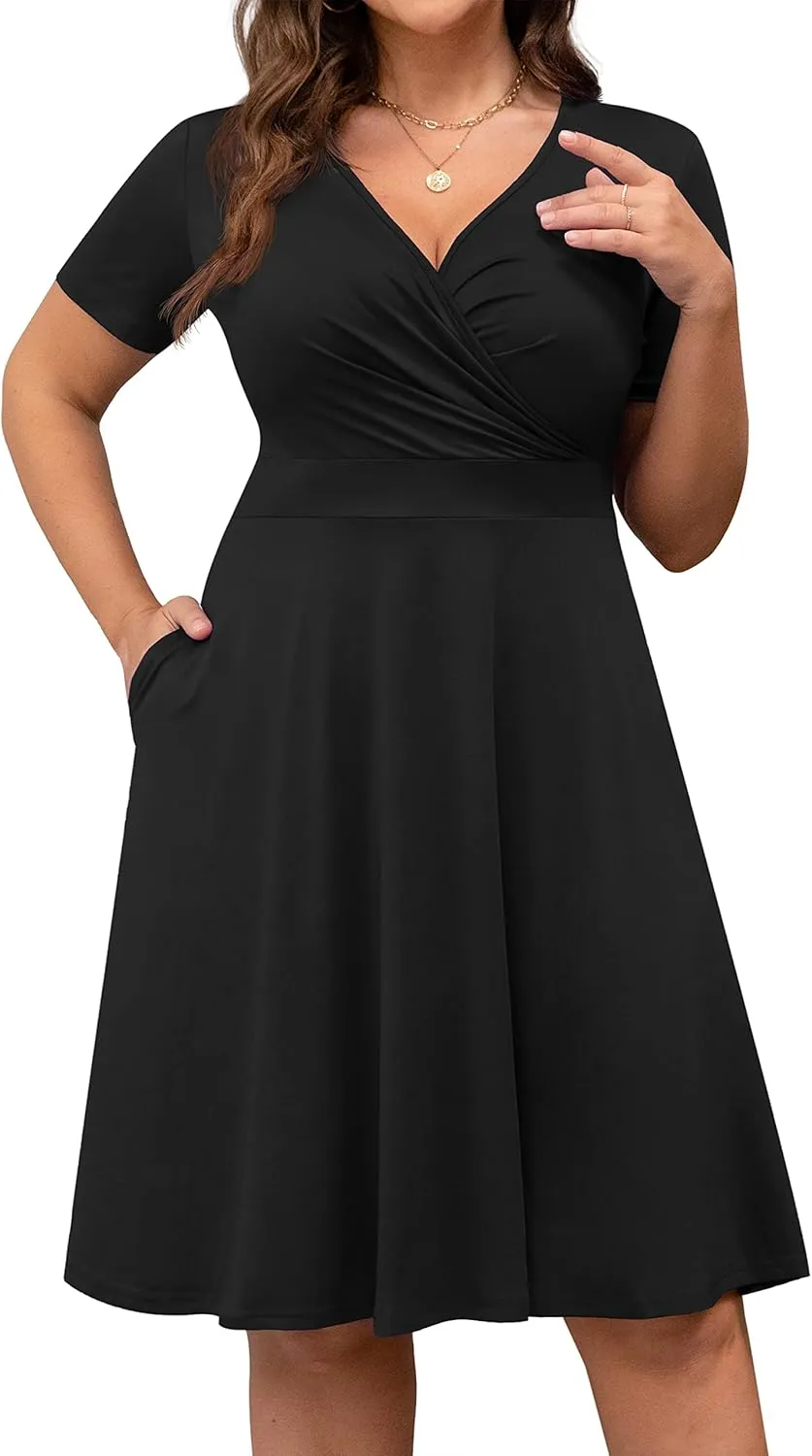 POSESHE Womens Plus Size Dresses Summer Short Sleeve Wrap V-Neck Sundress Casual Wedding Guest Cocktail Dress with Pockets