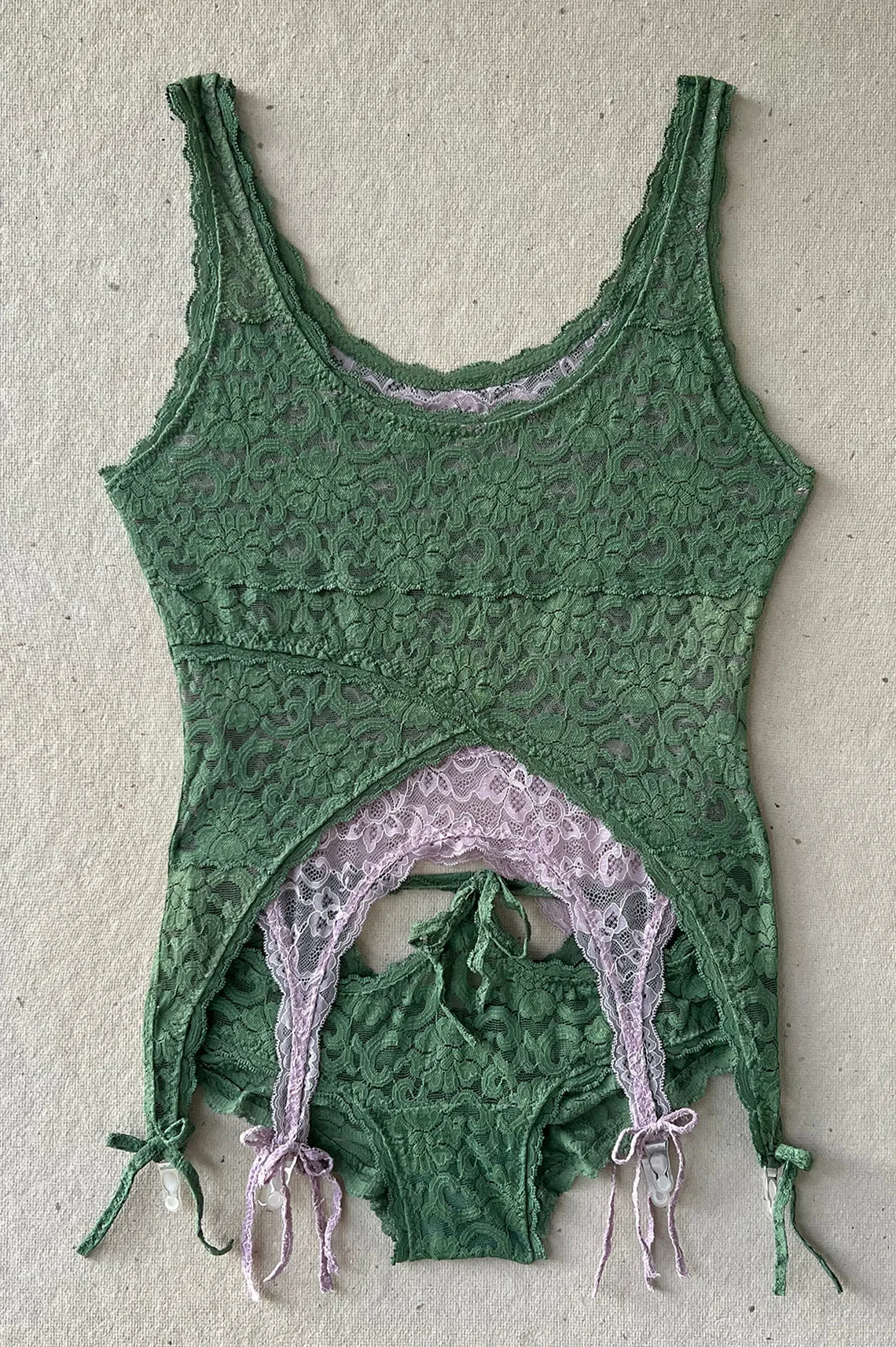 READY TO SHIP Rosin Panty in Vintage Green Surplus Lace (Size L)