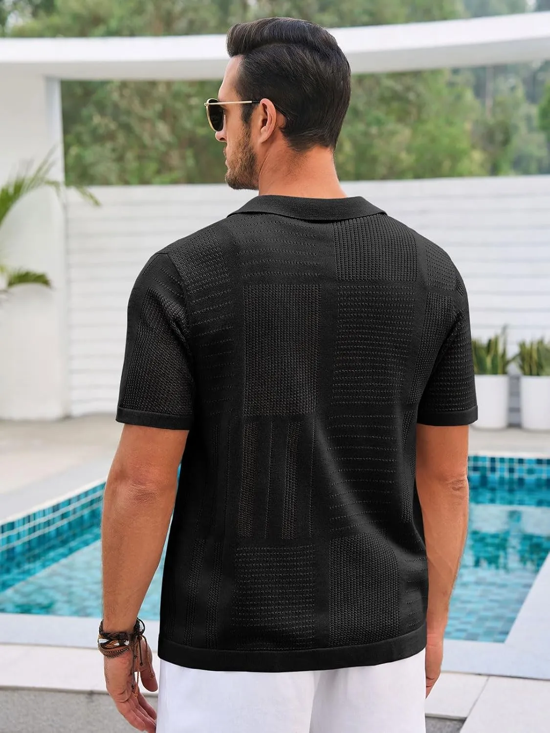 Runcati Mens Knit Button Down Shirt Casual Short Sleeve Cotton Polo Shirt Hollow Out Summer Beach Tops