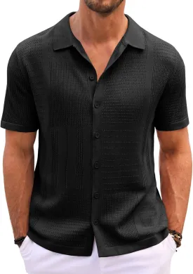 Runcati Mens Knit Button Down Shirt Casual Short Sleeve Cotton Polo Shirt Hollow Out Summer Beach Tops
