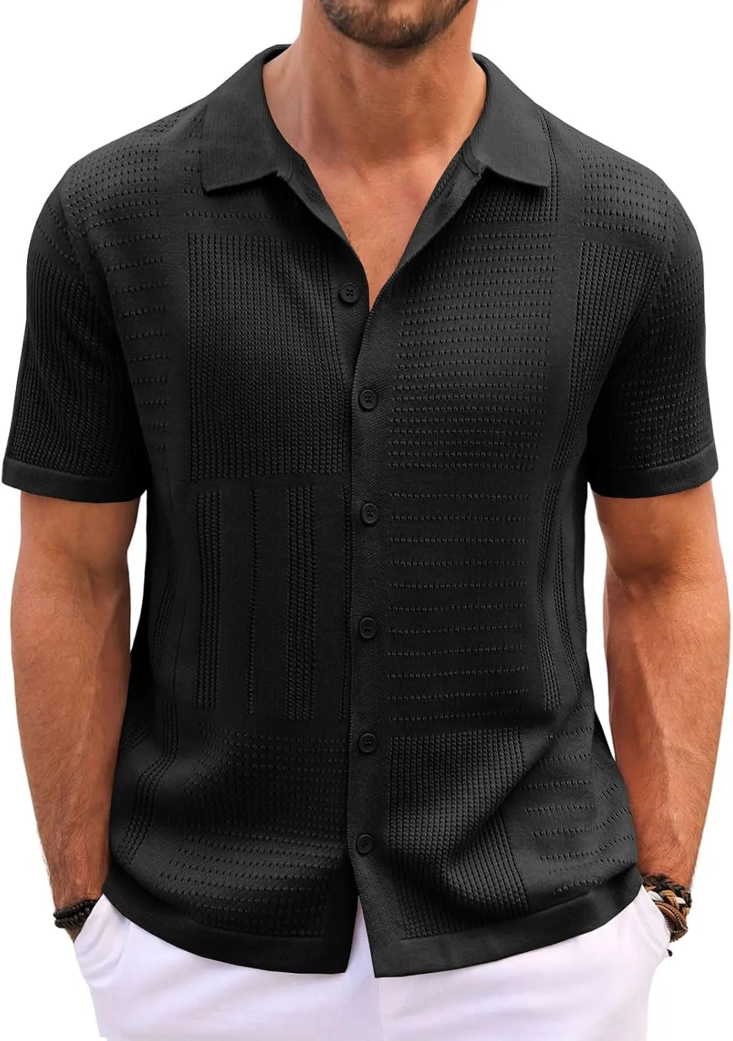 Runcati Mens Knit Button Down Shirt Casual Short Sleeve Cotton Polo Shirt Hollow Out Summer Beach Tops