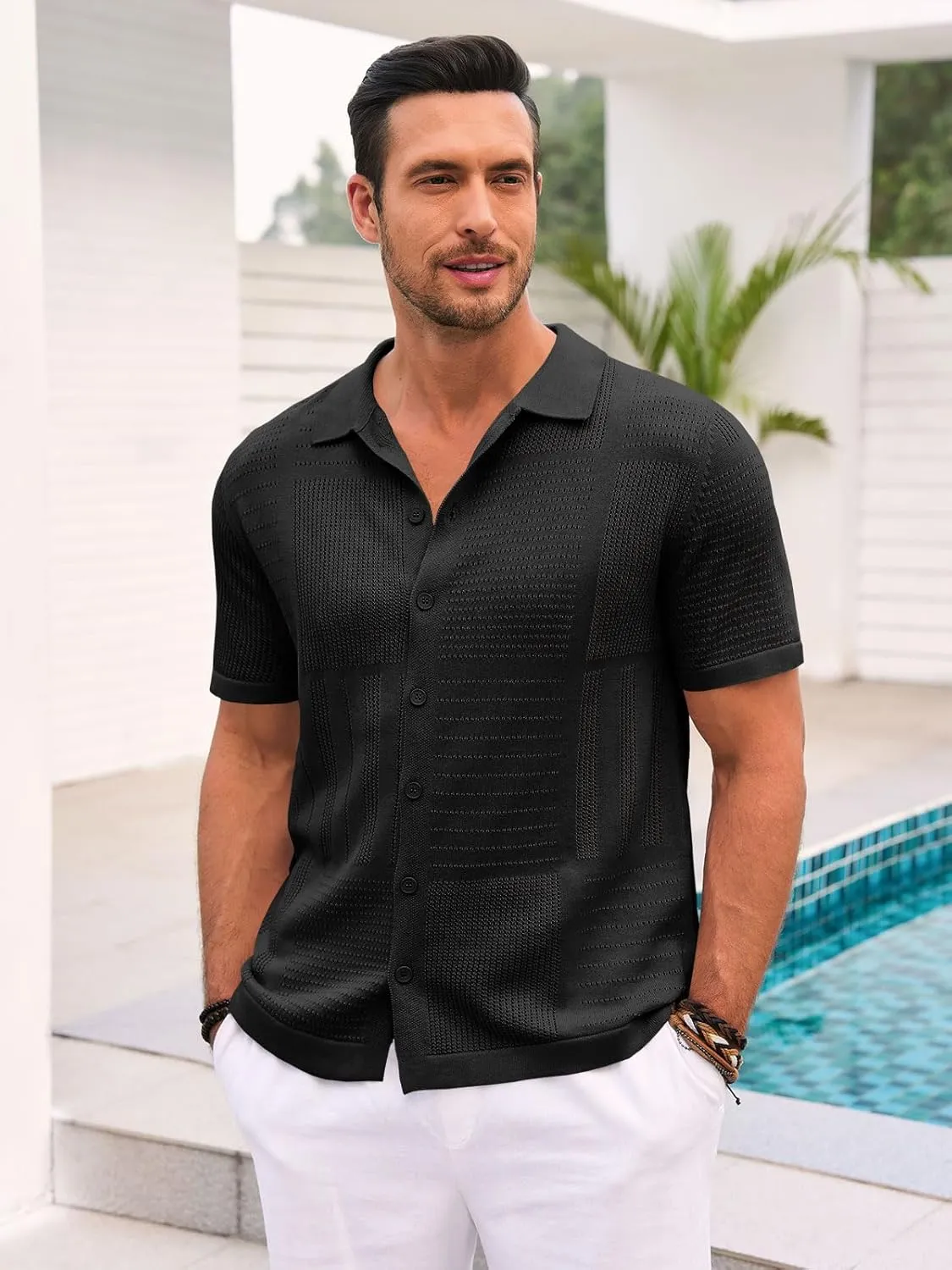 Runcati Mens Knit Button Down Shirt Casual Short Sleeve Cotton Polo Shirt Hollow Out Summer Beach Tops