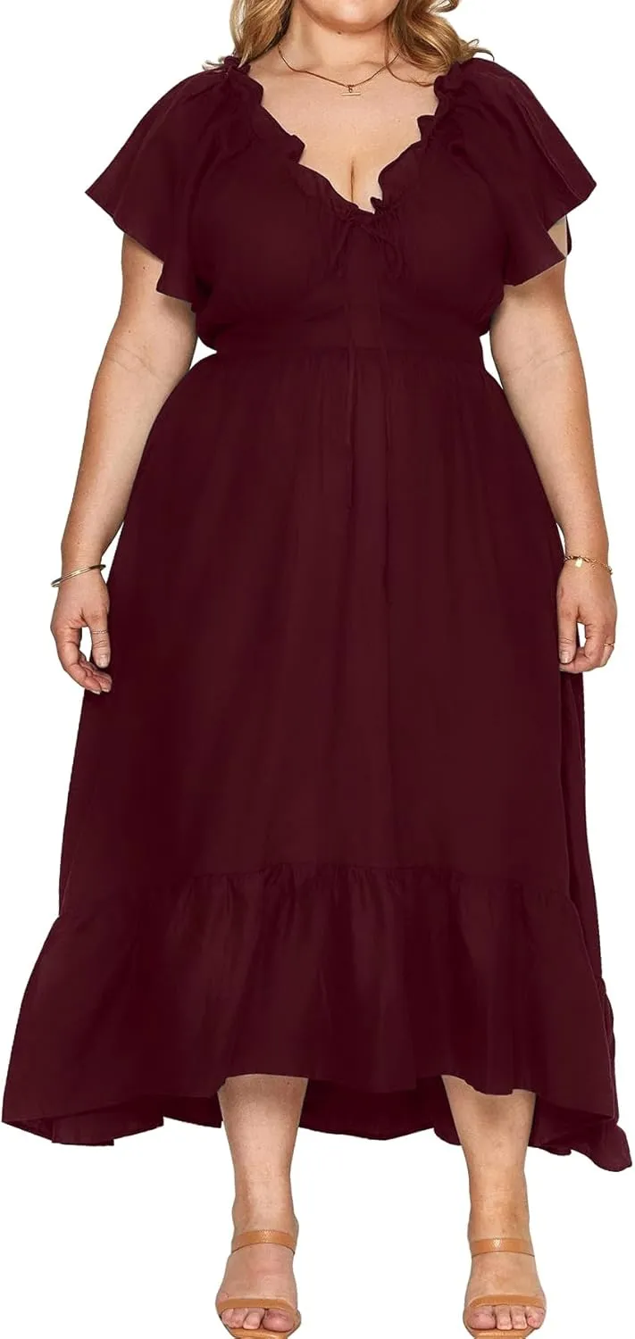 SCOMCHIC Womens Plus Size Dresses Short Sleeve Elastic V Neck Smocked Summer Ruffle Flowy A Line Maxi Dress