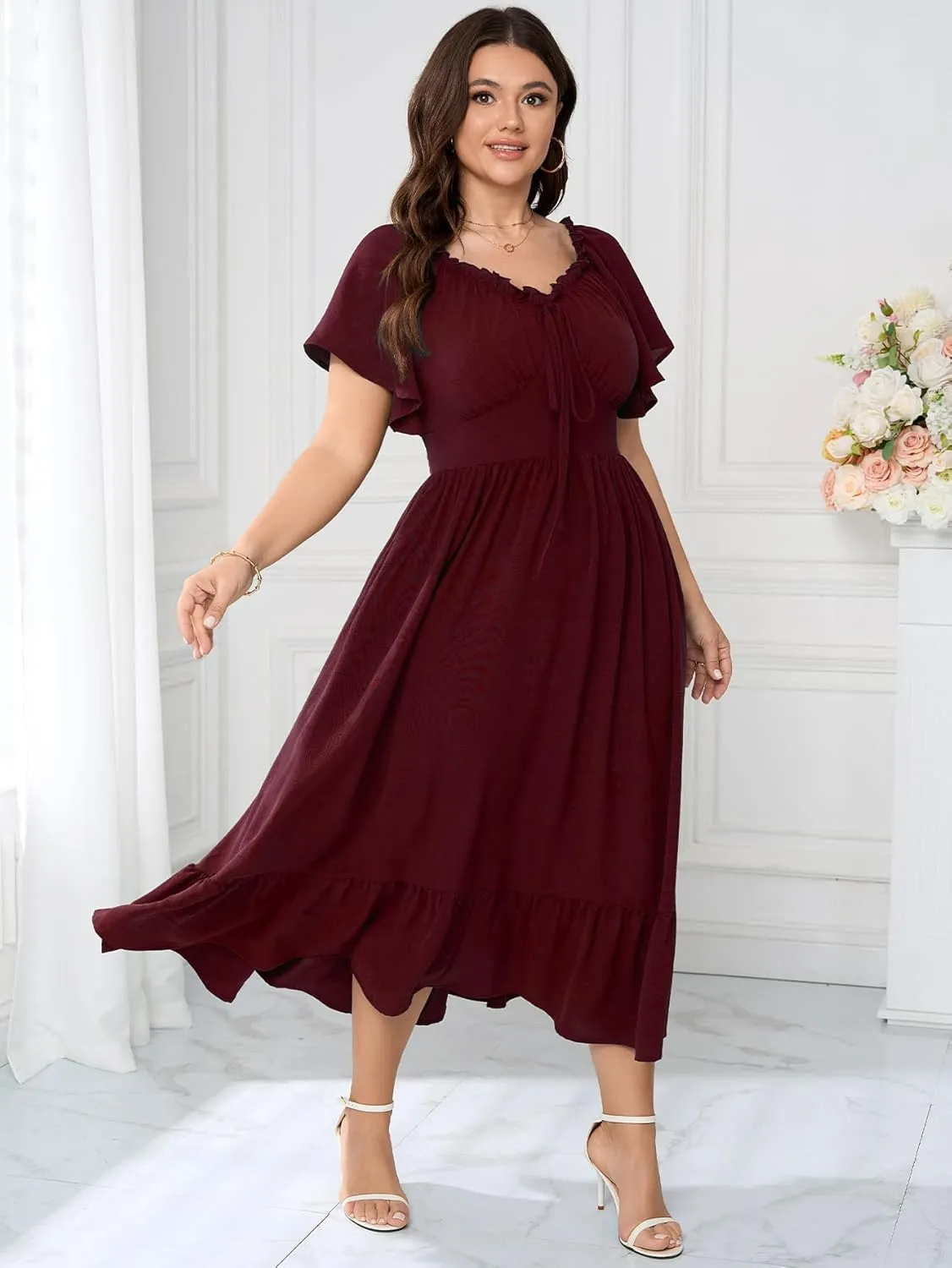 SCOMCHIC Womens Plus Size Dresses Short Sleeve Elastic V Neck Smocked Summer Ruffle Flowy A Line Maxi Dress