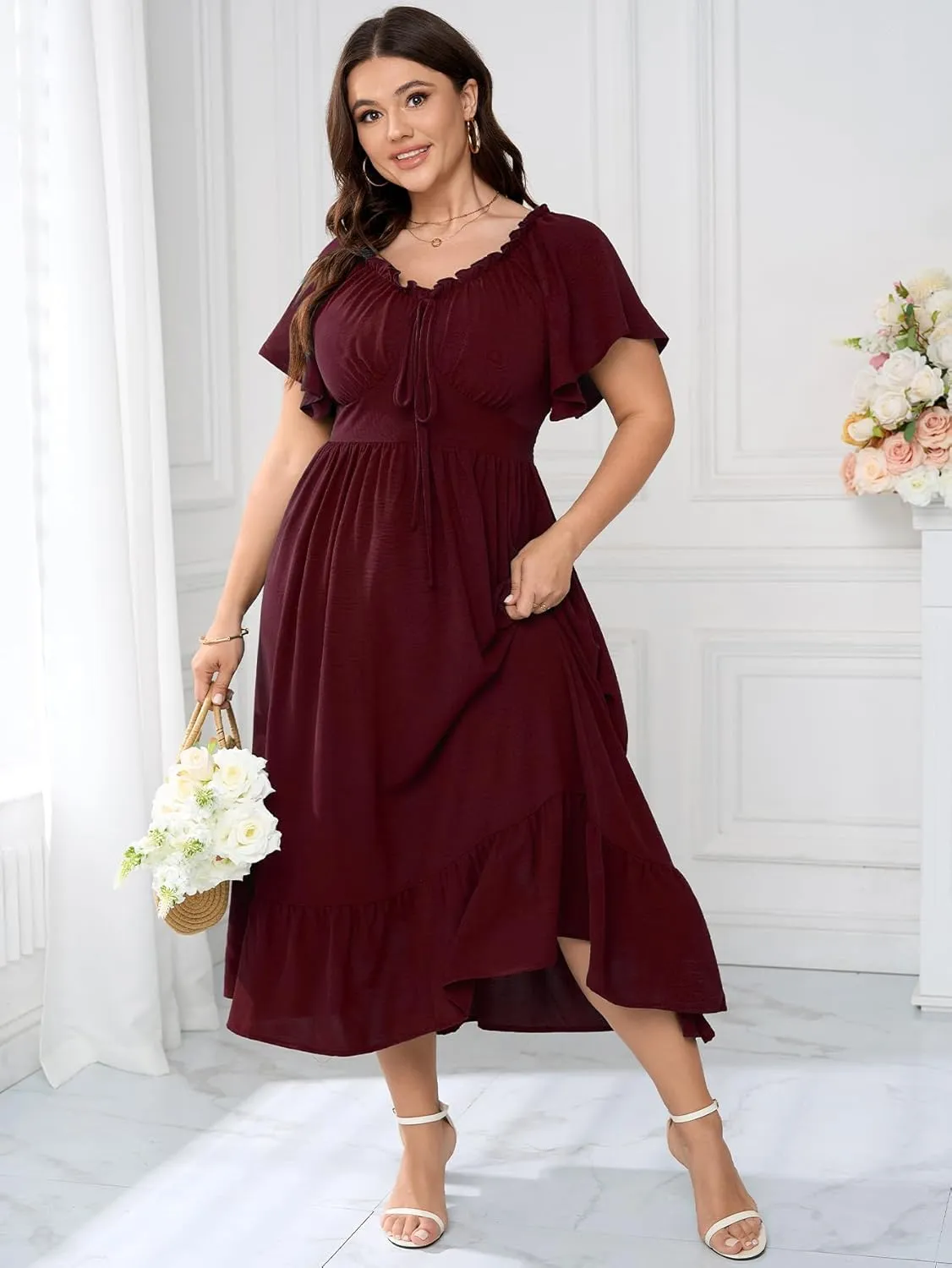 SCOMCHIC Womens Plus Size Dresses Short Sleeve Elastic V Neck Smocked Summer Ruffle Flowy A Line Maxi Dress