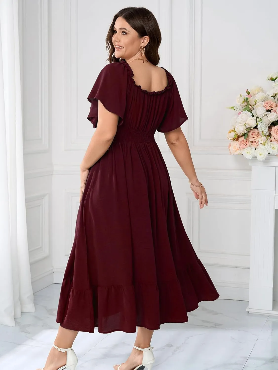 SCOMCHIC Womens Plus Size Dresses Short Sleeve Elastic V Neck Smocked Summer Ruffle Flowy A Line Maxi Dress