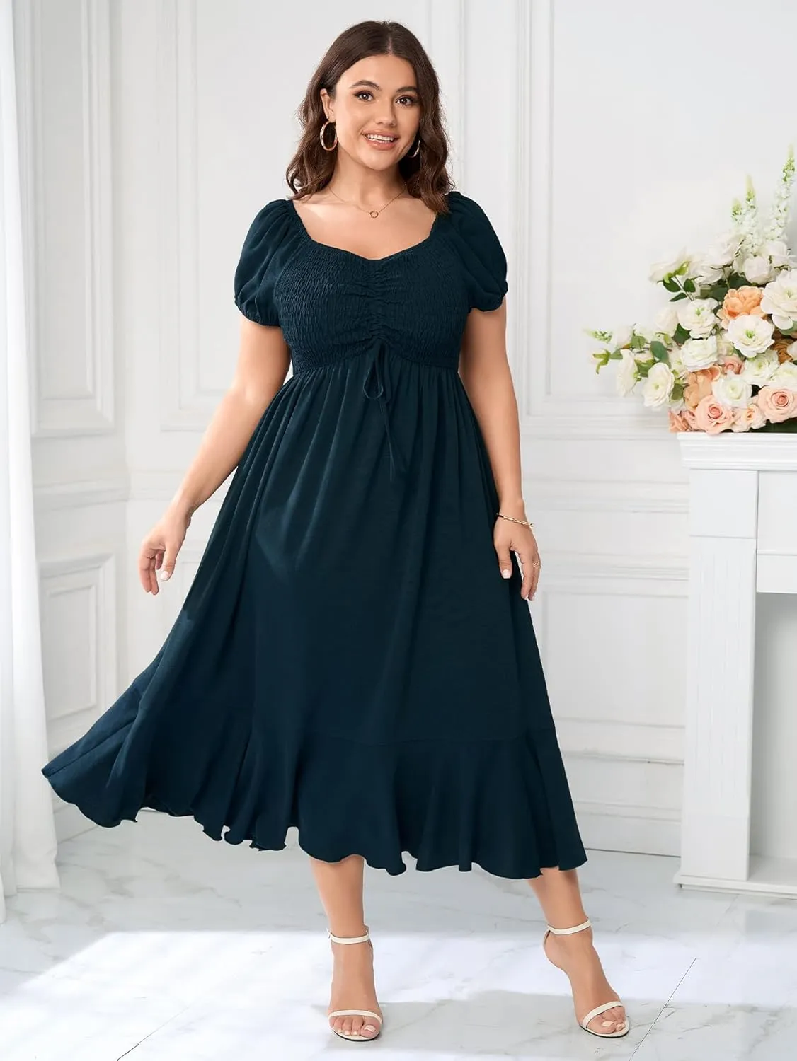 SCOMCHIC Womens Plus Size Summer Maxi Dress Ruched Front Square Neck Smocked Flowy A Line Formal Wedding Guest Dresses