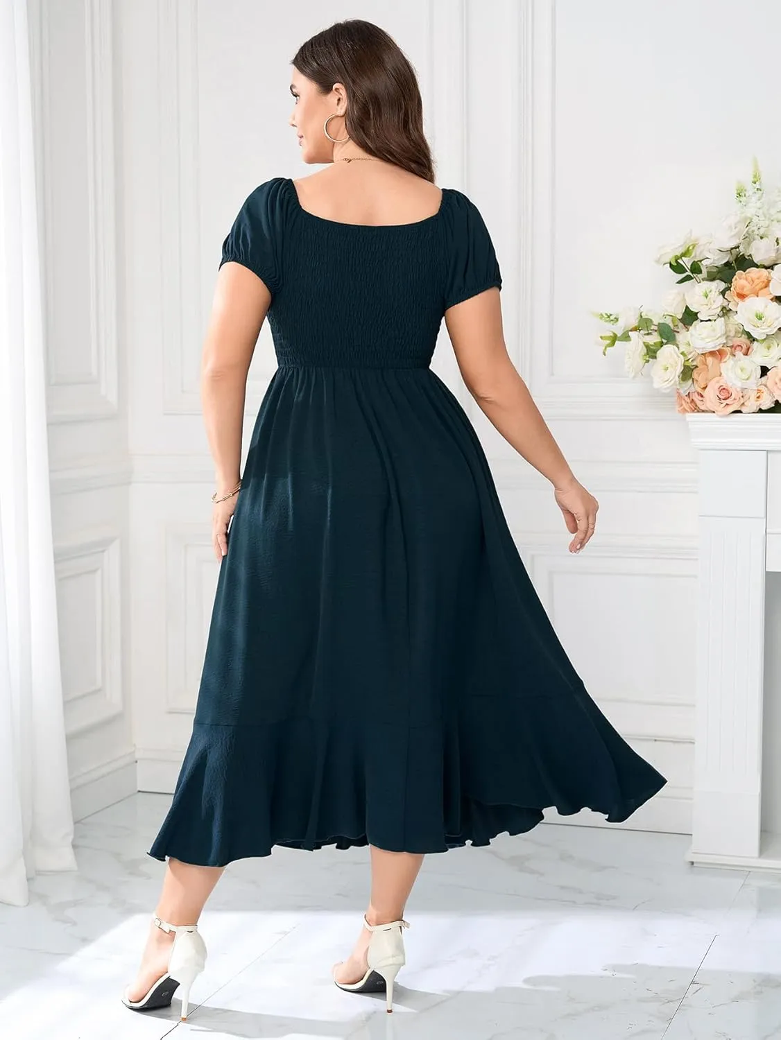 SCOMCHIC Womens Plus Size Summer Maxi Dress Ruched Front Square Neck Smocked Flowy A Line Formal Wedding Guest Dresses
