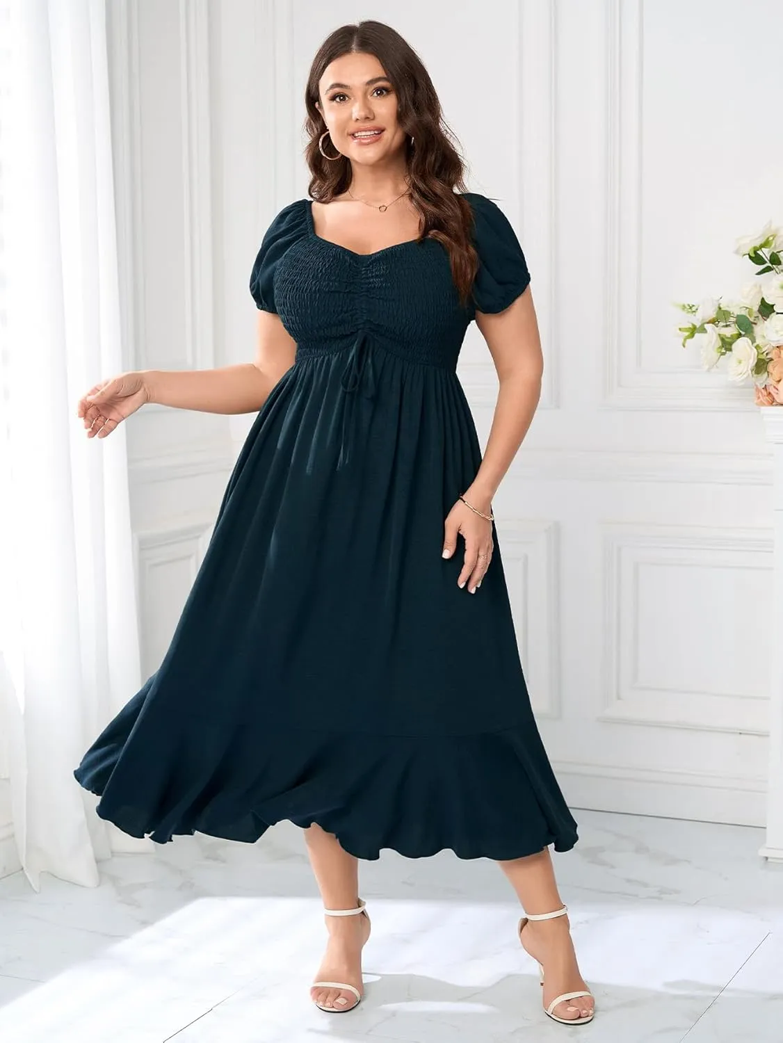 SCOMCHIC Womens Plus Size Summer Maxi Dress Ruched Front Square Neck Smocked Flowy A Line Formal Wedding Guest Dresses