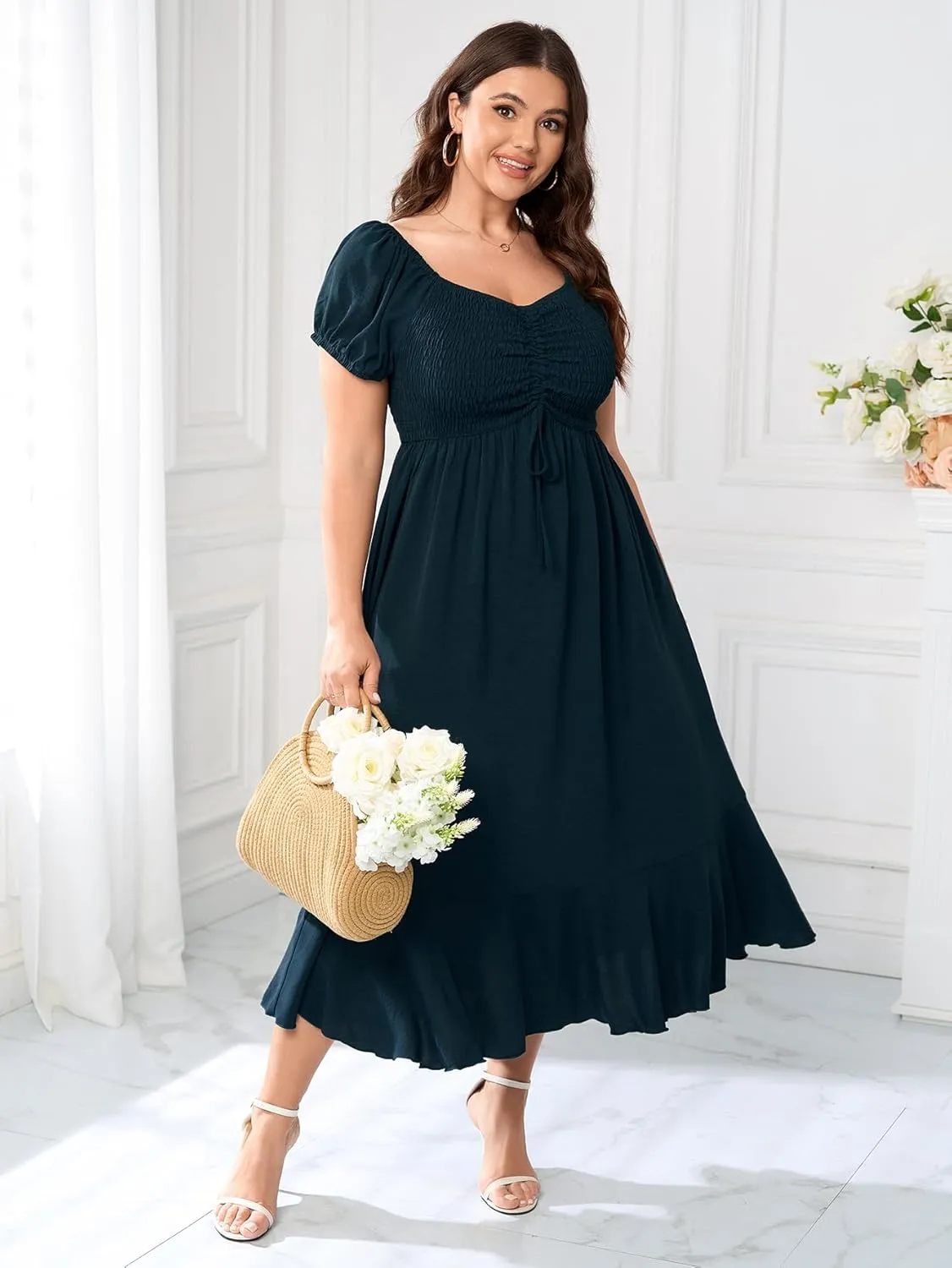 SCOMCHIC Womens Plus Size Summer Maxi Dress Ruched Front Square Neck Smocked Flowy A Line Formal Wedding Guest Dresses
