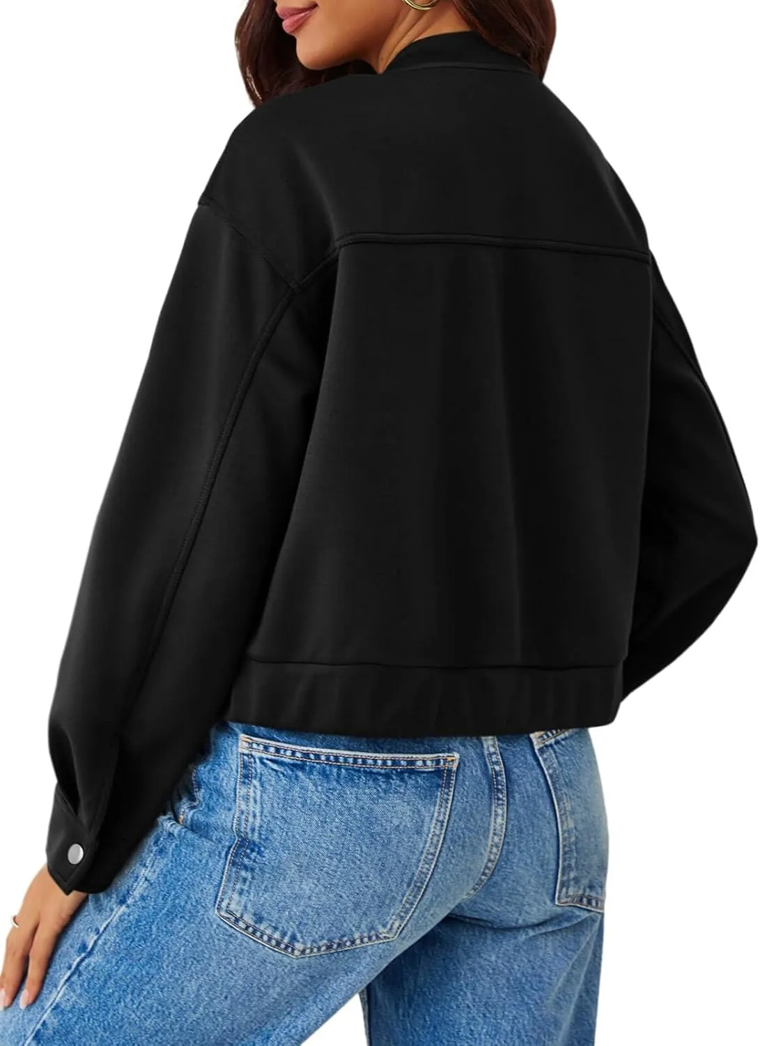 Tankaneo Womens Cropped Bomber Jackets Casual Button Down Long Sleeve Stand Collar Fall Coats