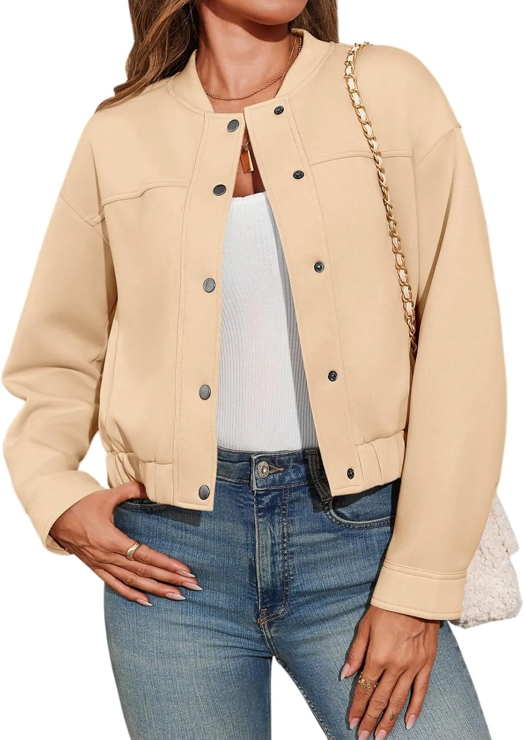 Tankaneo Womens Cropped Bomber Jackets Casual Button Down Long Sleeve Stand Collar Fall Coats