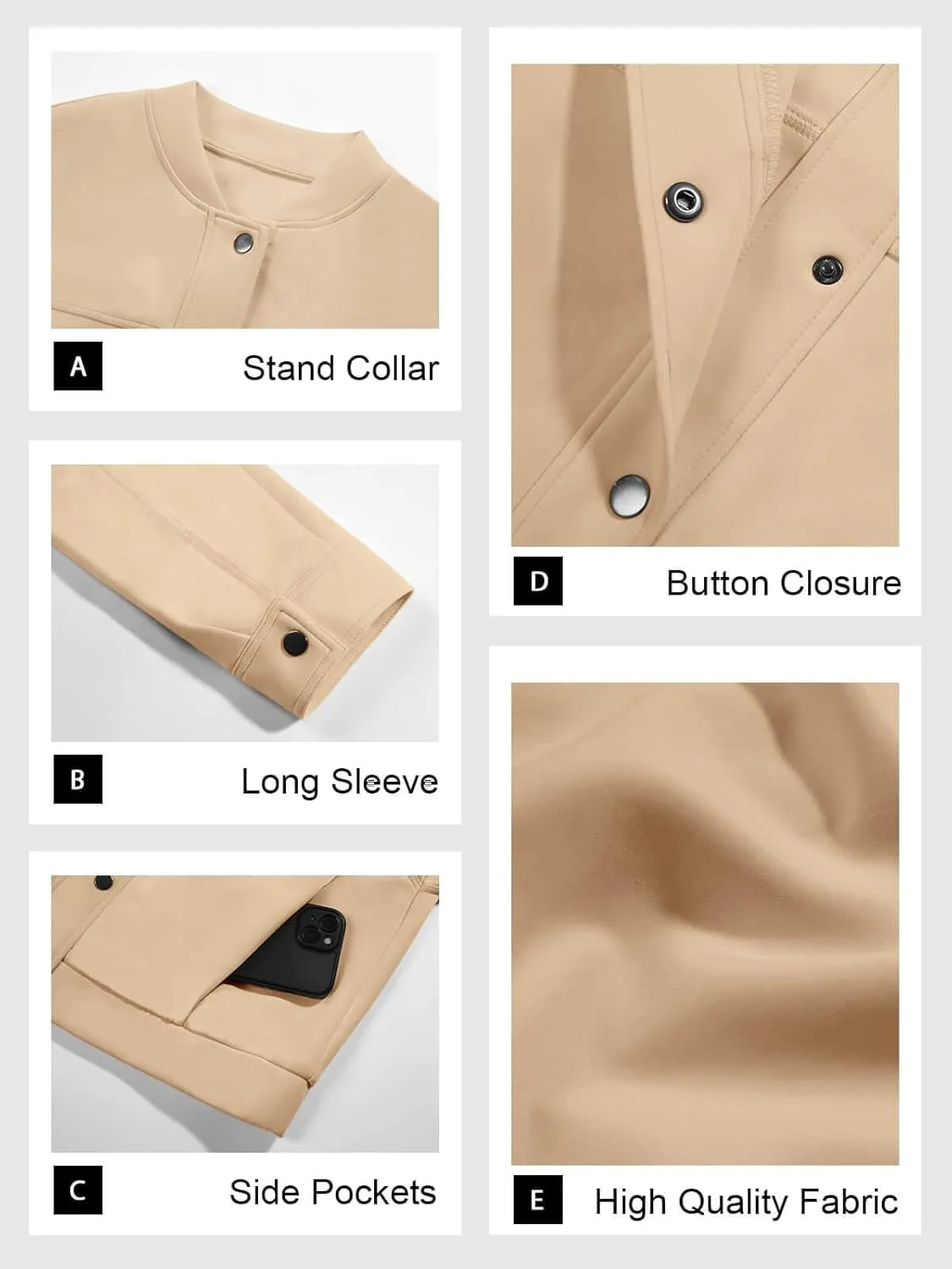 Tankaneo Womens Cropped Bomber Jackets Casual Button Down Long Sleeve Stand Collar Fall Coats