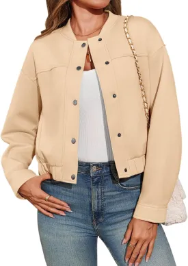 Tankaneo Womens Cropped Bomber Jackets Casual Button Down Long Sleeve Stand Collar Fall Coats