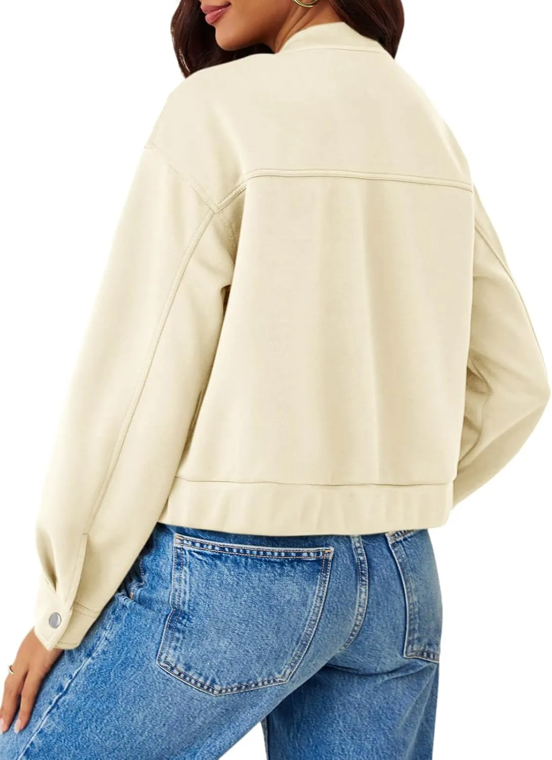 Tankaneo Womens Cropped Bomber Jackets Casual Button Down Long Sleeve Stand Collar Fall Coats